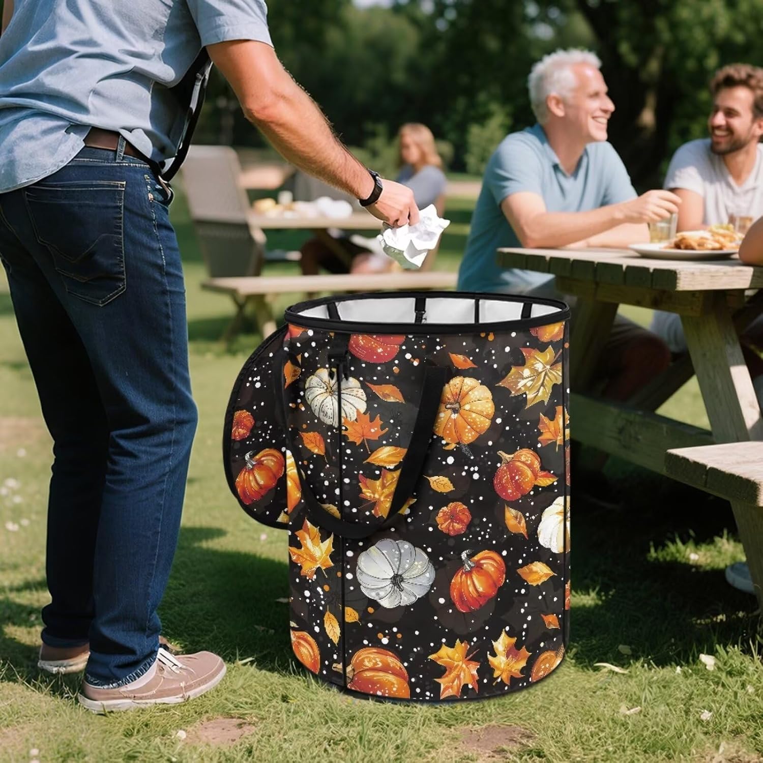 doginthehole Fall Maple Leaves Pumpkin Collapsible Trash Can Portable Tall Trash Can Recycling Bin 22.83x17.71 Outside Garbage Bin Storage Bag with Clip and Zipper Lid, Fall Decorations for Outdoor