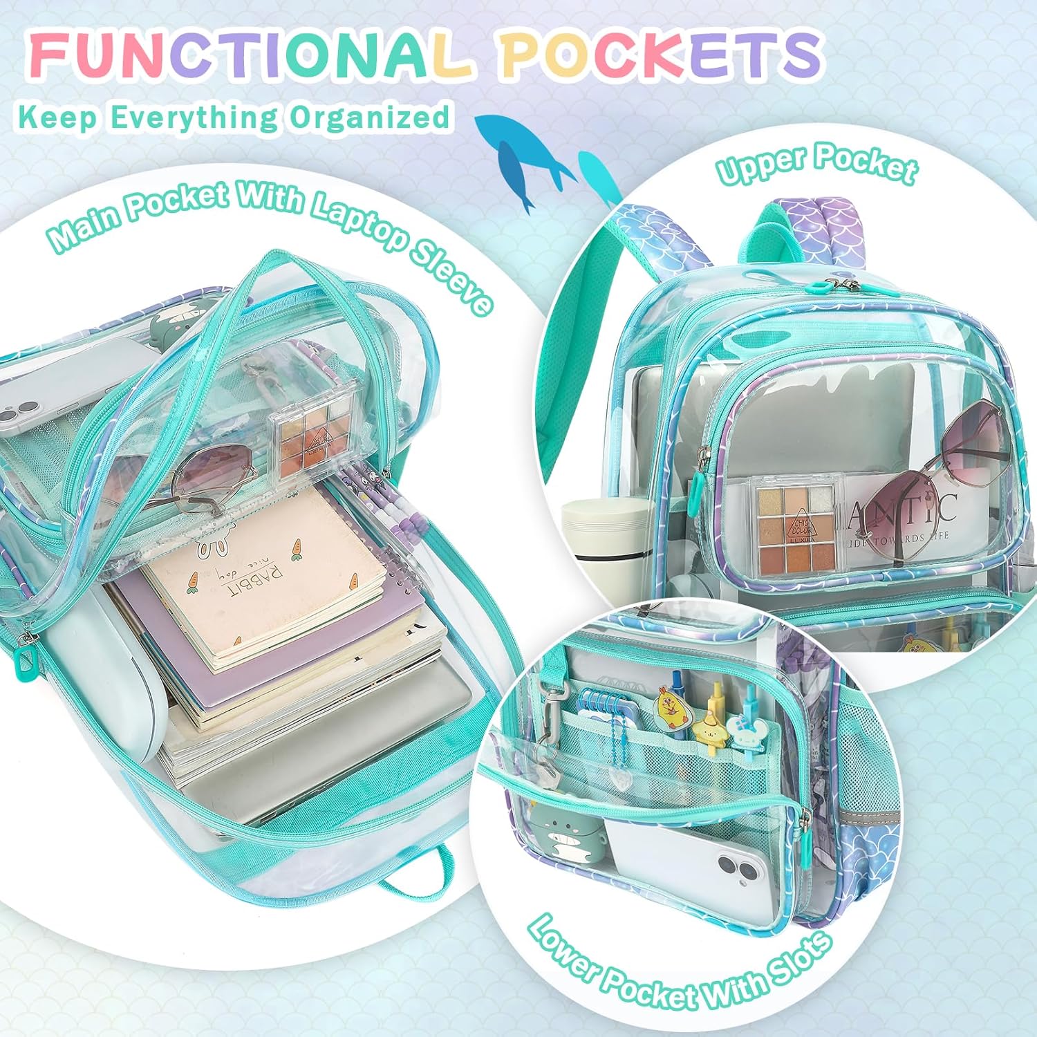 Clear Backpack for Girls, Heavy Duty PVC Transparent Bookbag for School, Funny Kids Backpacks with Mermaid Print, Blue - Image 3