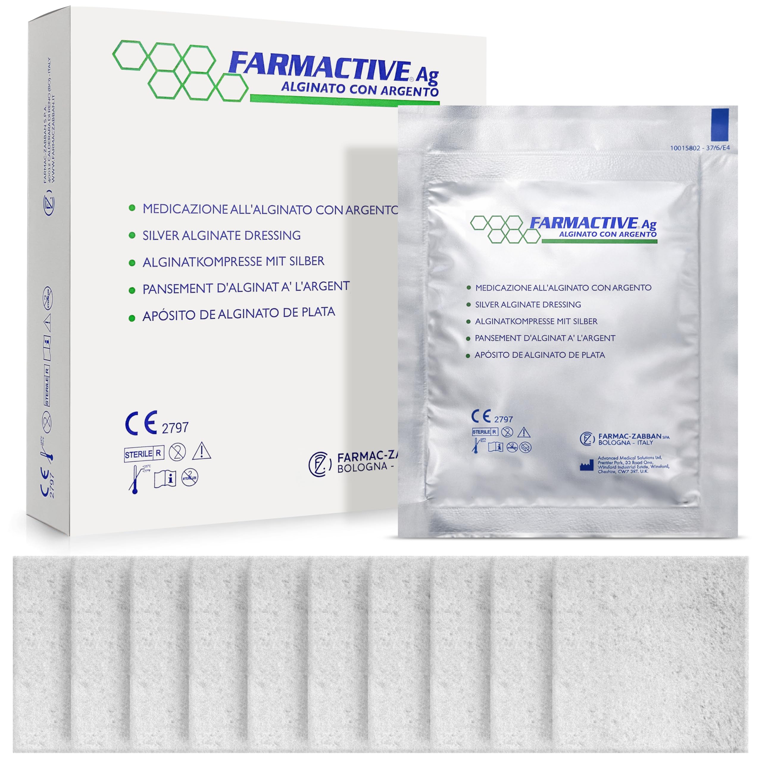 Medicazione a base di ALGINATO CON ARGENTO Non adesiva 5x5 cm (10 pz) - per ulcere da pressione, ferite e lesioni FARMACTIVE Ag