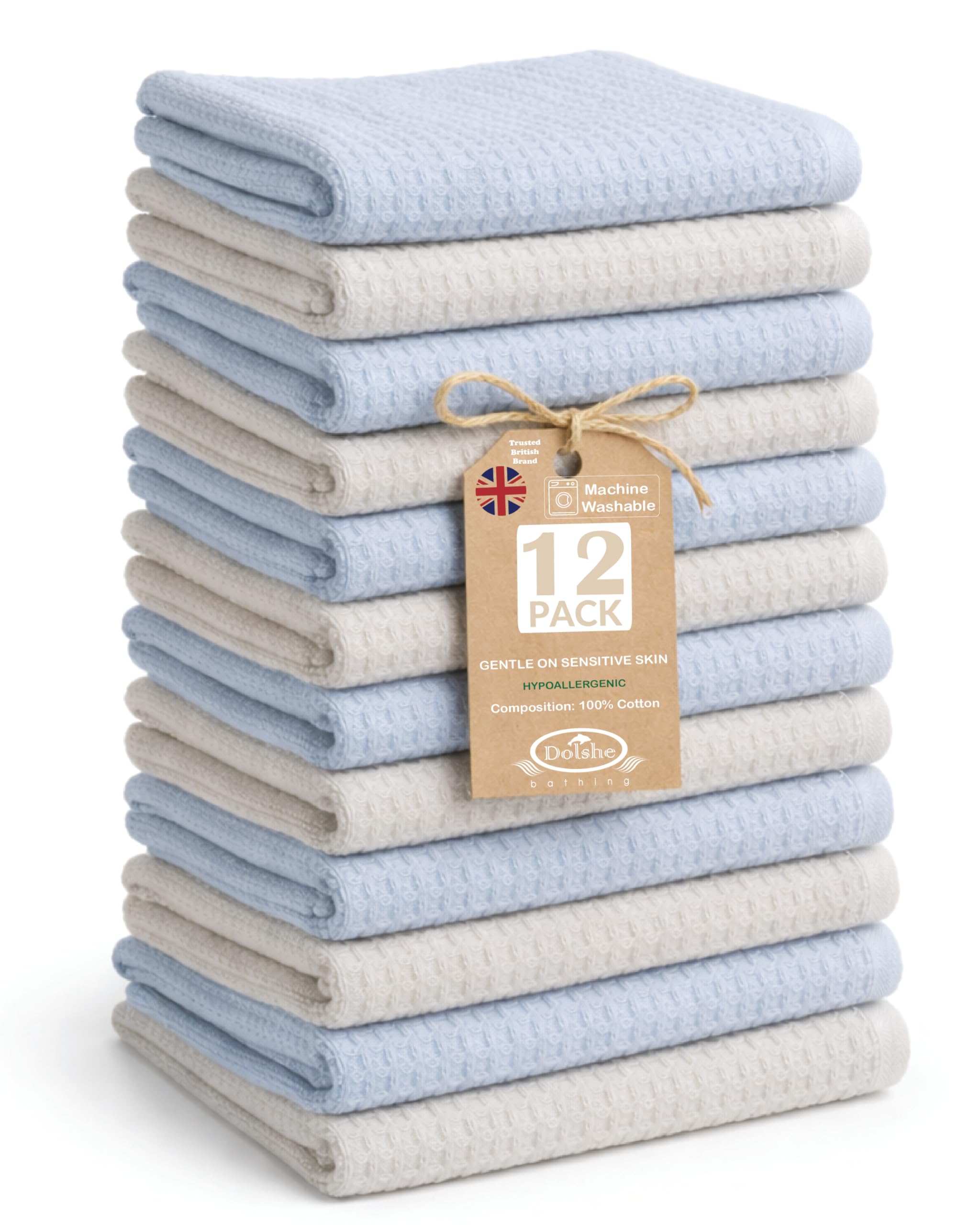 Dolshe 12 Pack Blue & Grey 100% Cotton Waffle & Terry Face Cloths 30 x 30 cm 420 GSM – Soft RingSpun Reversible Wash Cloths for Sensitive Skin Quick Dry Highly Absorbent