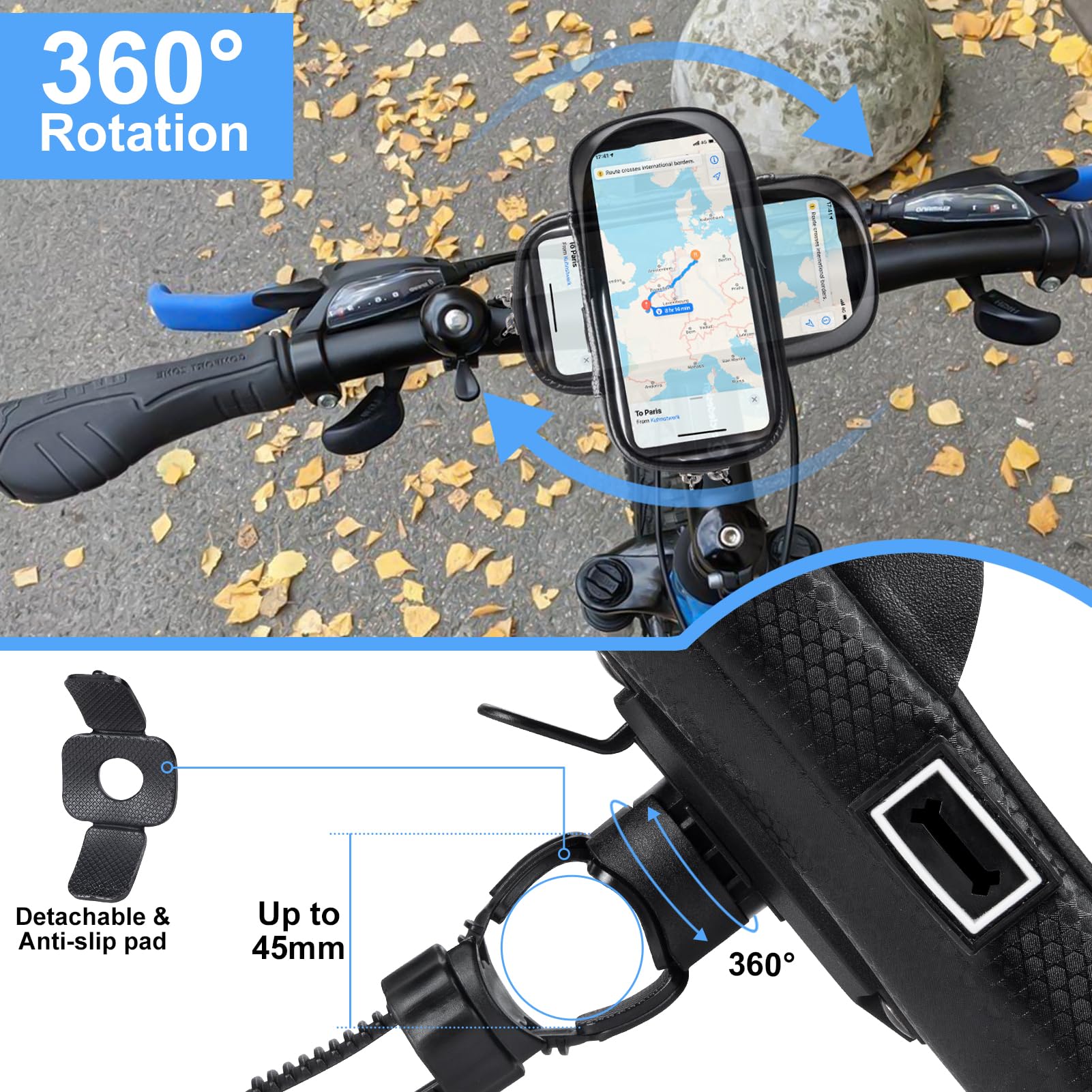 Kiiwah wodoodporny uchwyt na telefon do roweru, dotykowy uchwyt na telefon z obrotem o 360° do motocykla, uchwyt rowerowy na kierownicę do smartfonów 4,7–7 cali