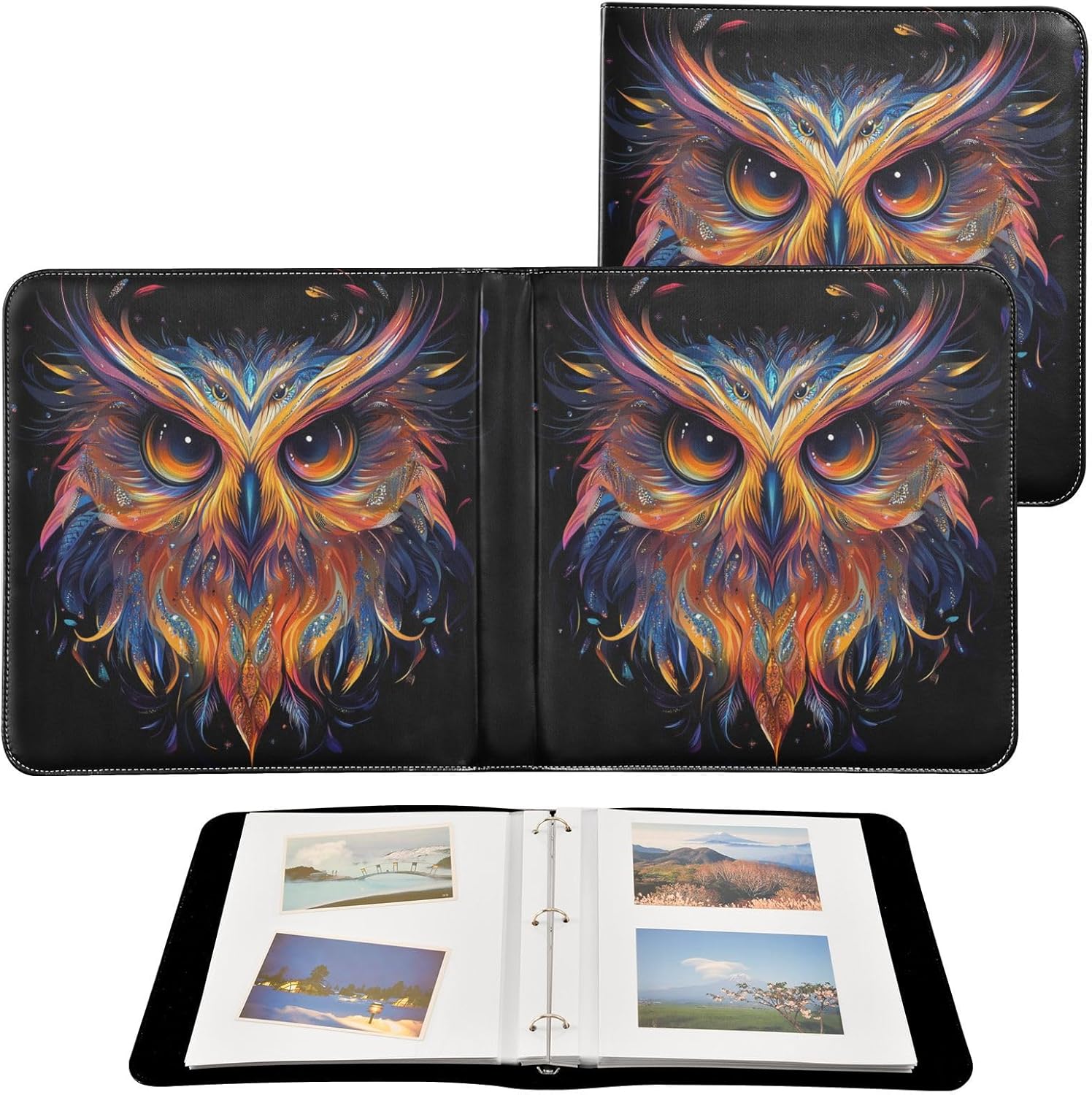 JIPONI Color Beautiful Owl Head Large Photo Album, DIY Leather Cover Scrapbook Albums for 4x6 5x7 6x8 Pictures, Self Adhesive Memory Book for Wedding, Baby, Family
