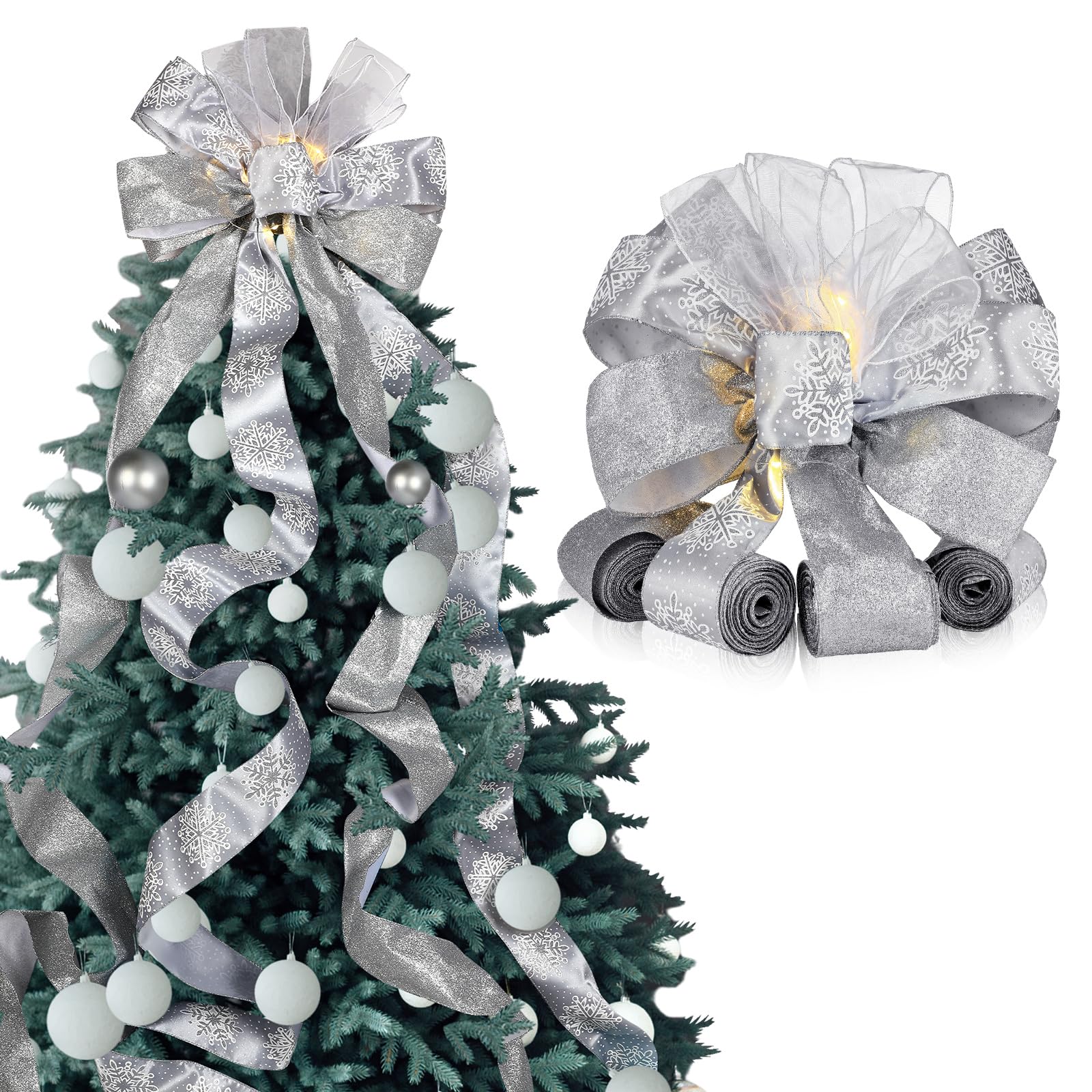 Large Christmas Tree Topper Bow 12.6 X 118 inch Lighted up Christmas Bow with 4 X 3 Yards Ribbon Streamers for Xmas Christmas Tree Decor(Grey Silver)