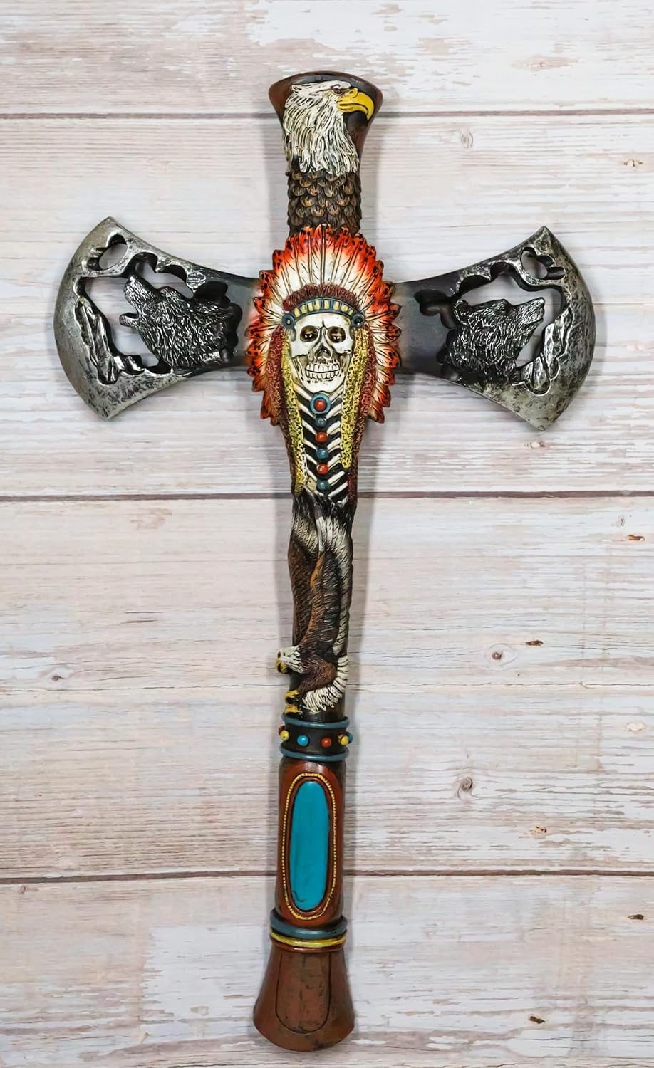 Ebros Gift Southwestern Tribal Native American Indian Hand Axe with Chief Headdress Skull Eagle Wolf Bear and Turquoise Gem Wall Cross Plaque