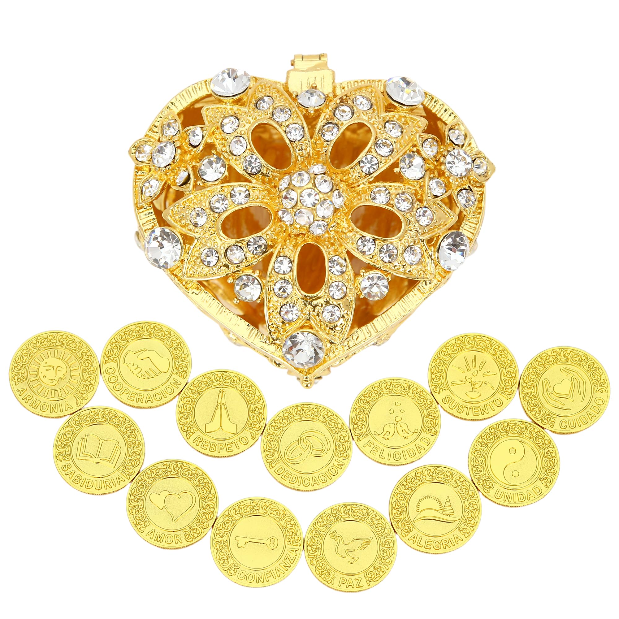 TINGKU 13 Palabras Españolas Las Arras para Boda Catolica, Conjunto de monedas de unidad de boda con caja en forma de corazón, Aras de Matrimonio-monedas de oro 5D