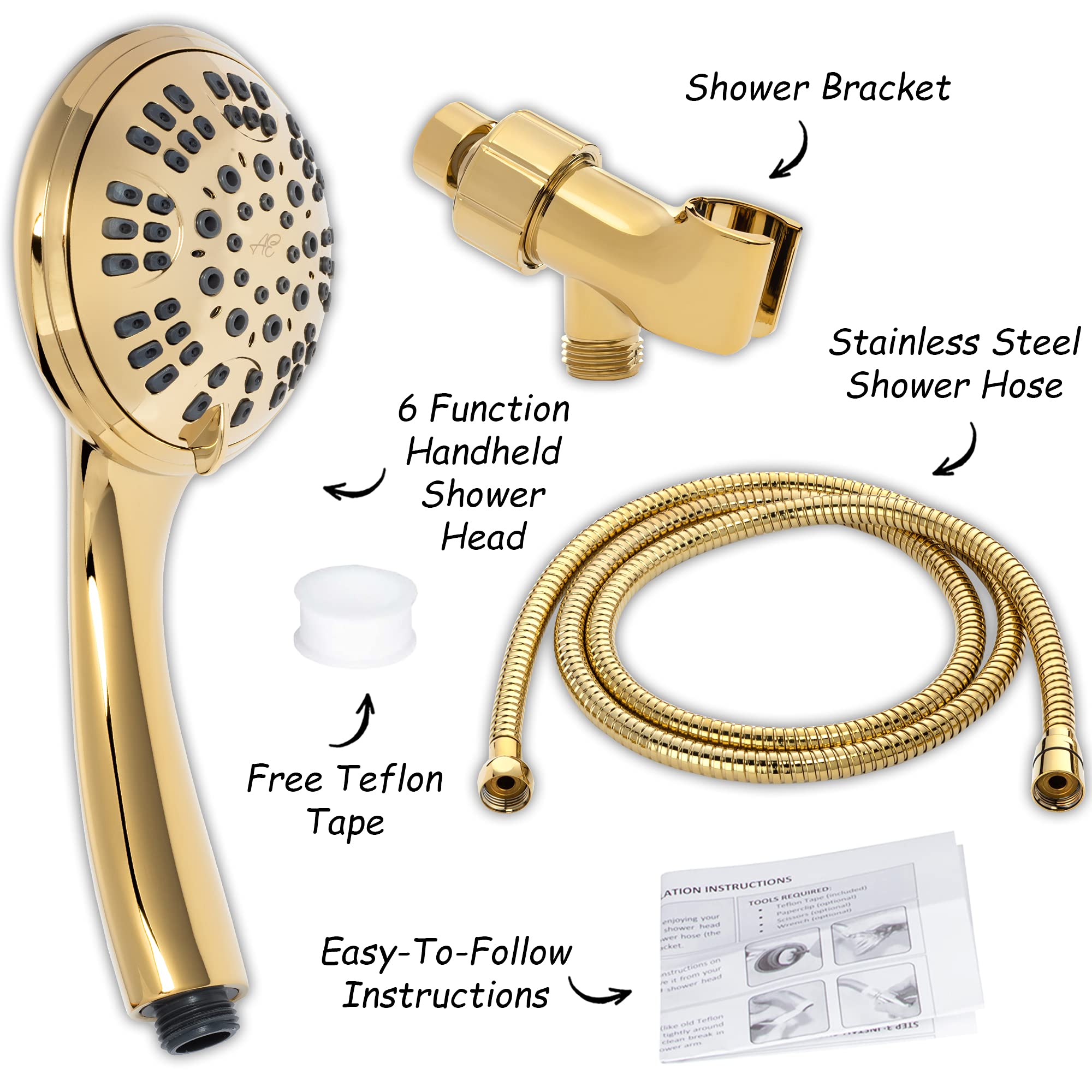 Kit de cabezal de ducha de mano de 6 funciones, alta presión, cabezal de ducha de mano extraíble con manguera y montaje y spray de lluvia ajustable, 2.5 GPM, latón pulido