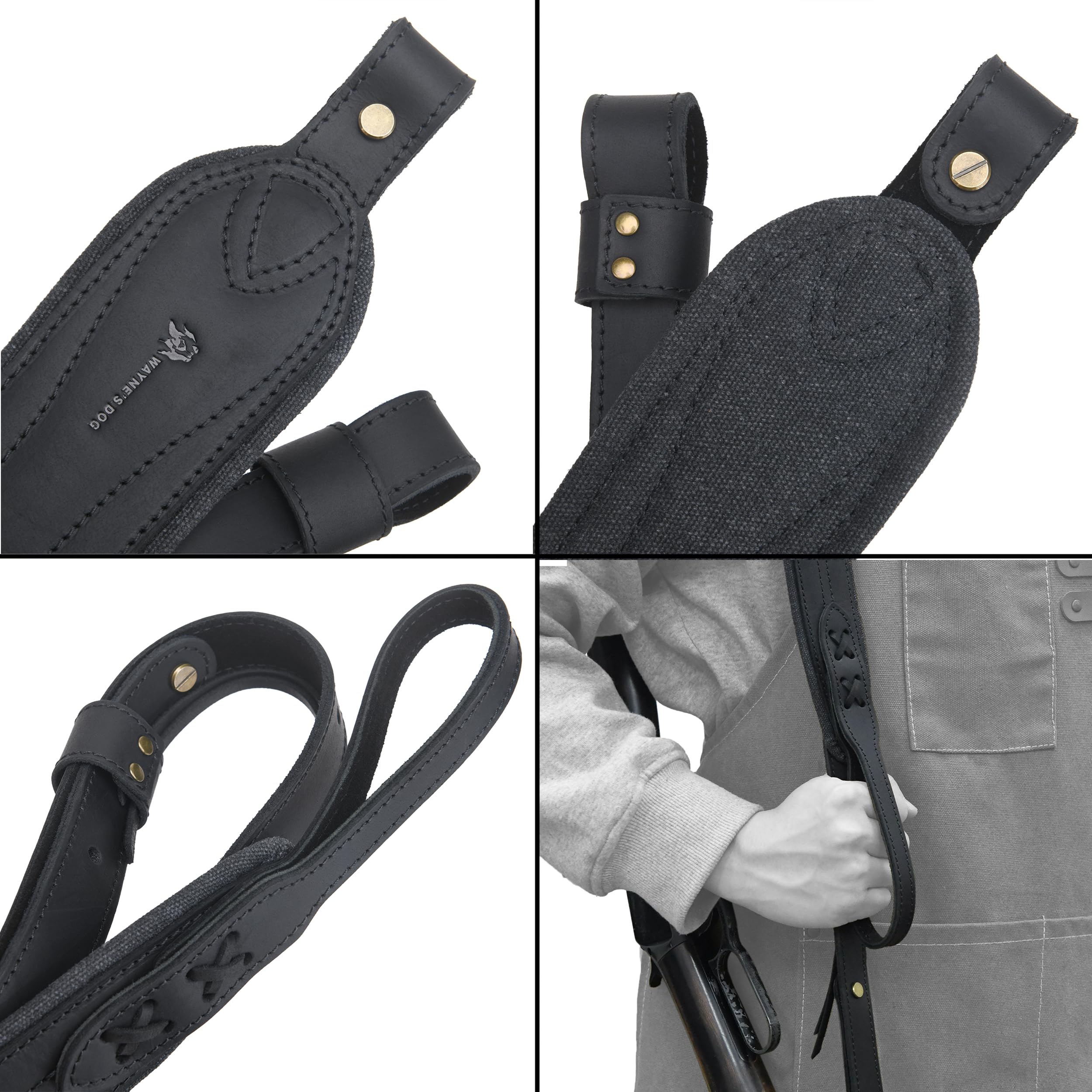 WAYNE'S DOG Leather Gun Sling, Padded Canvas Shoulder Straps with Swivels (Black, Without Swivels)