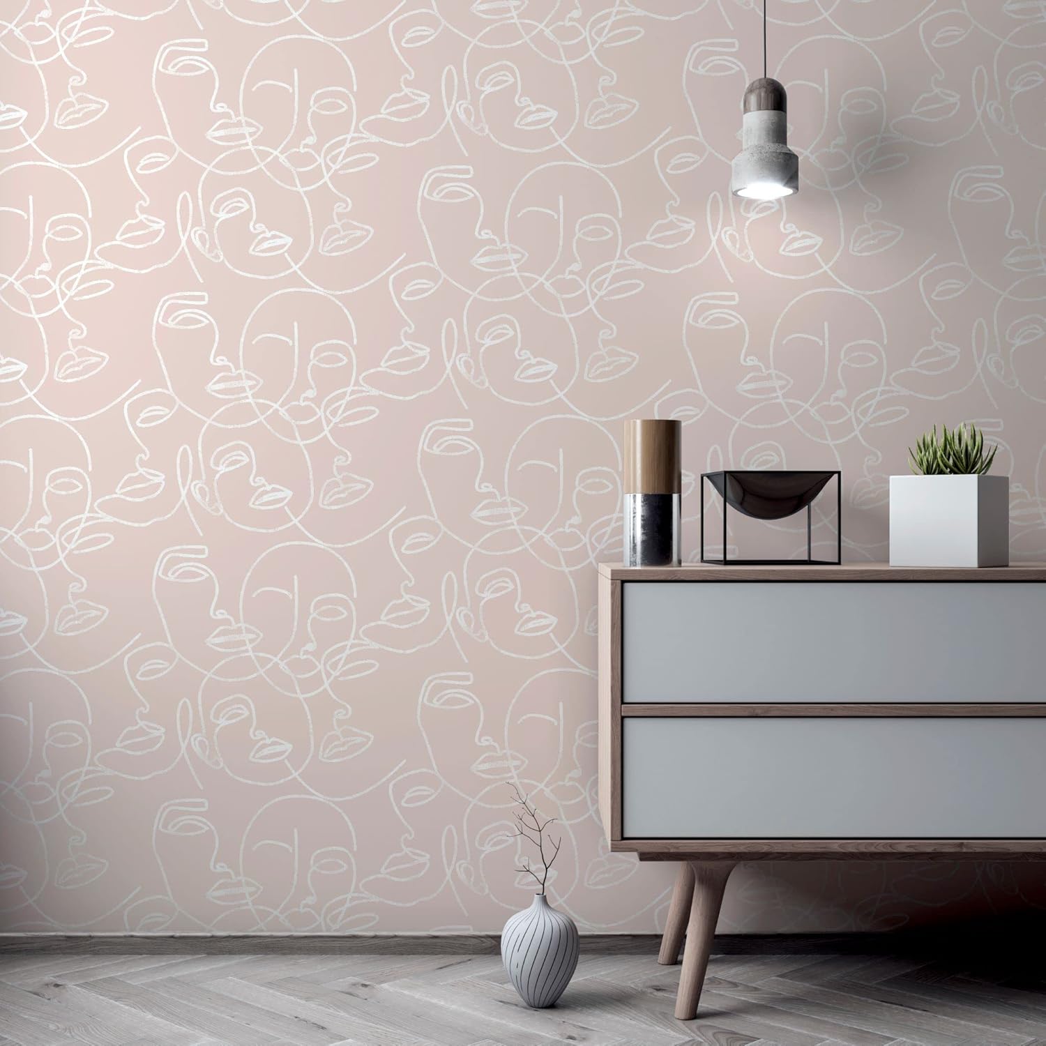 Arthouse Linear Abstract Faces Modern Minimalistic Wallpaper Blush 921608