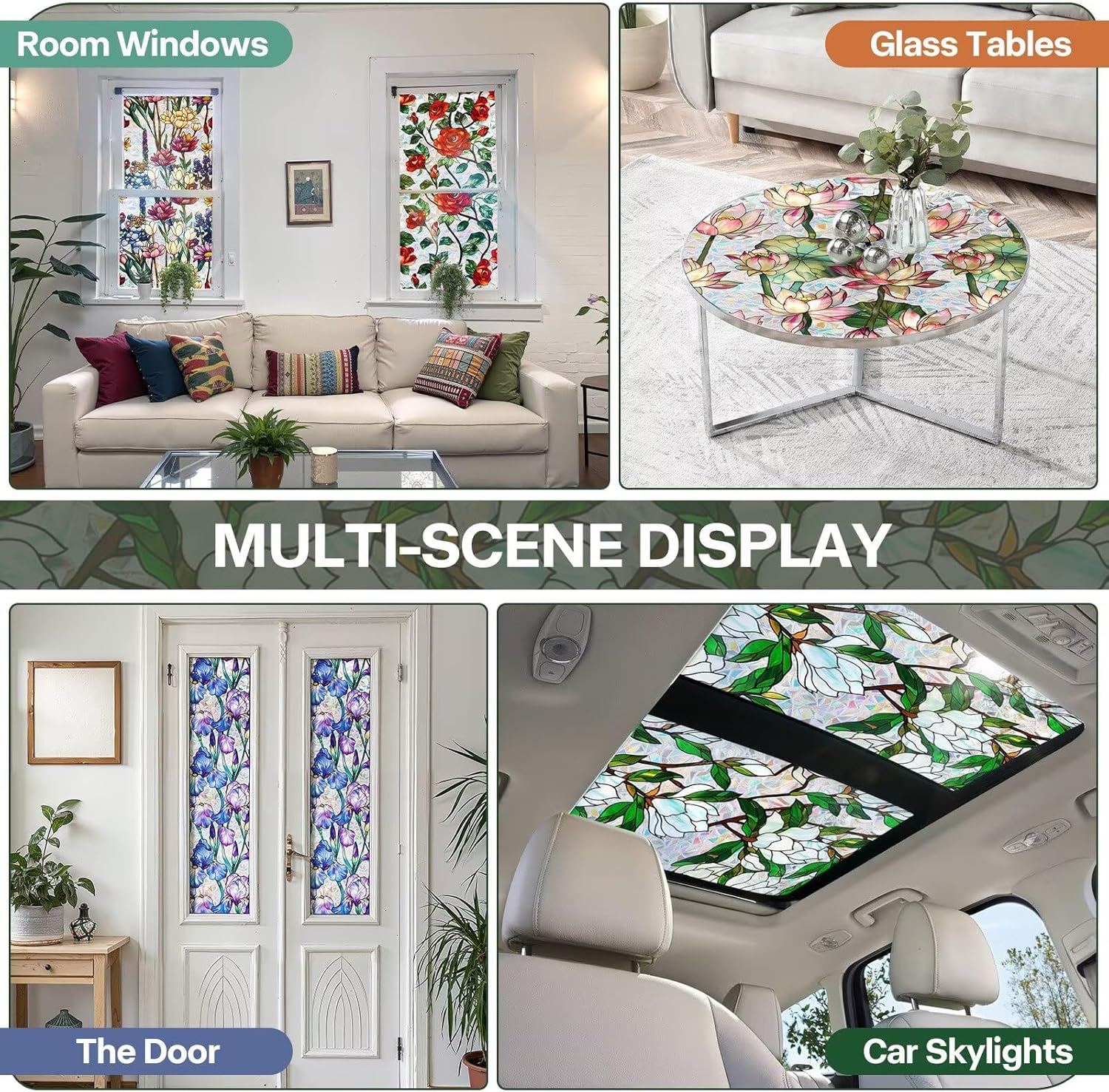 Stained Glass Window Film UV Resistant Window Privacy Film, Colorful Flowers Privacy Films Rainbow Decals Bathroom Bedroom Sun Blocking Decor Removable Static Cling Stickers 23 x 39.37 Inch