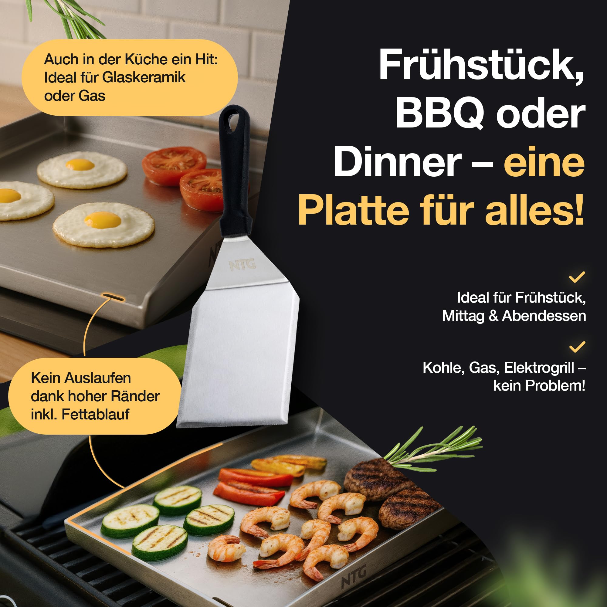 NTG - Płyta grillowa ze stali nierdzewnej 4 mm [40 x 30 cm] – Plancha z odpływem tłuszczu i szpachelką do grilla – do grilla gazowego i węglowego – odporne na odkształcenia akcesoria do grilla