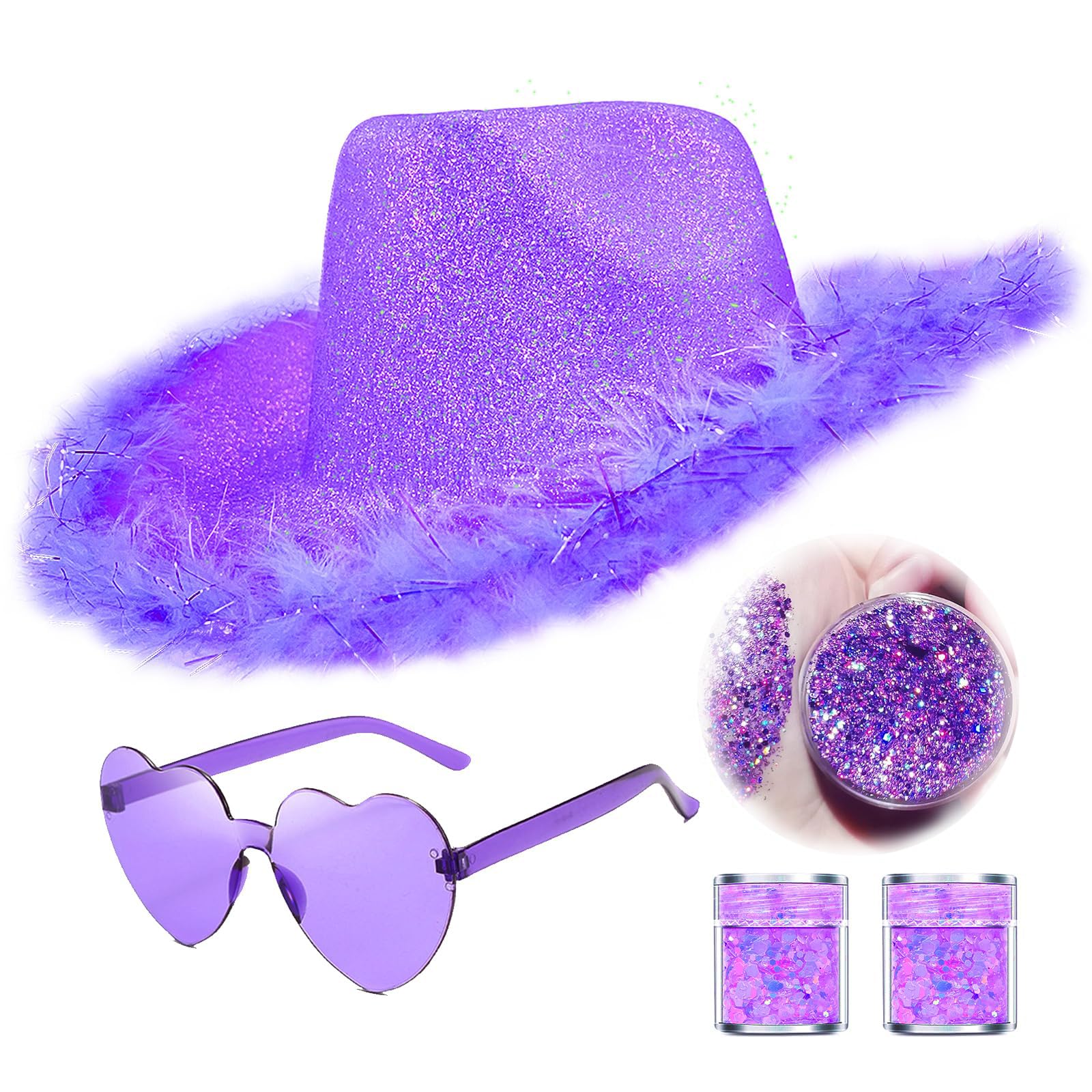 SHENYI Glitter Cowgirl Hat with Heart Sunglasses Body Glitter Face Glitter Cowboy Hat for Women Men Music Festival Party (Purple) — image 1