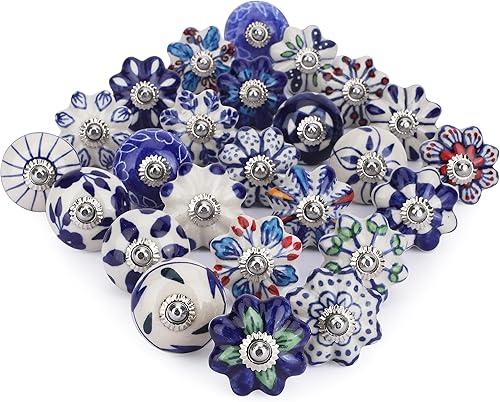 Miniatura 6 de Ajuny Juego de 20 pomos de cerámica coloridos azules para armarios de cocina, armarios de baño, cajones de aparador, baúl de cerámica hecha a mano
