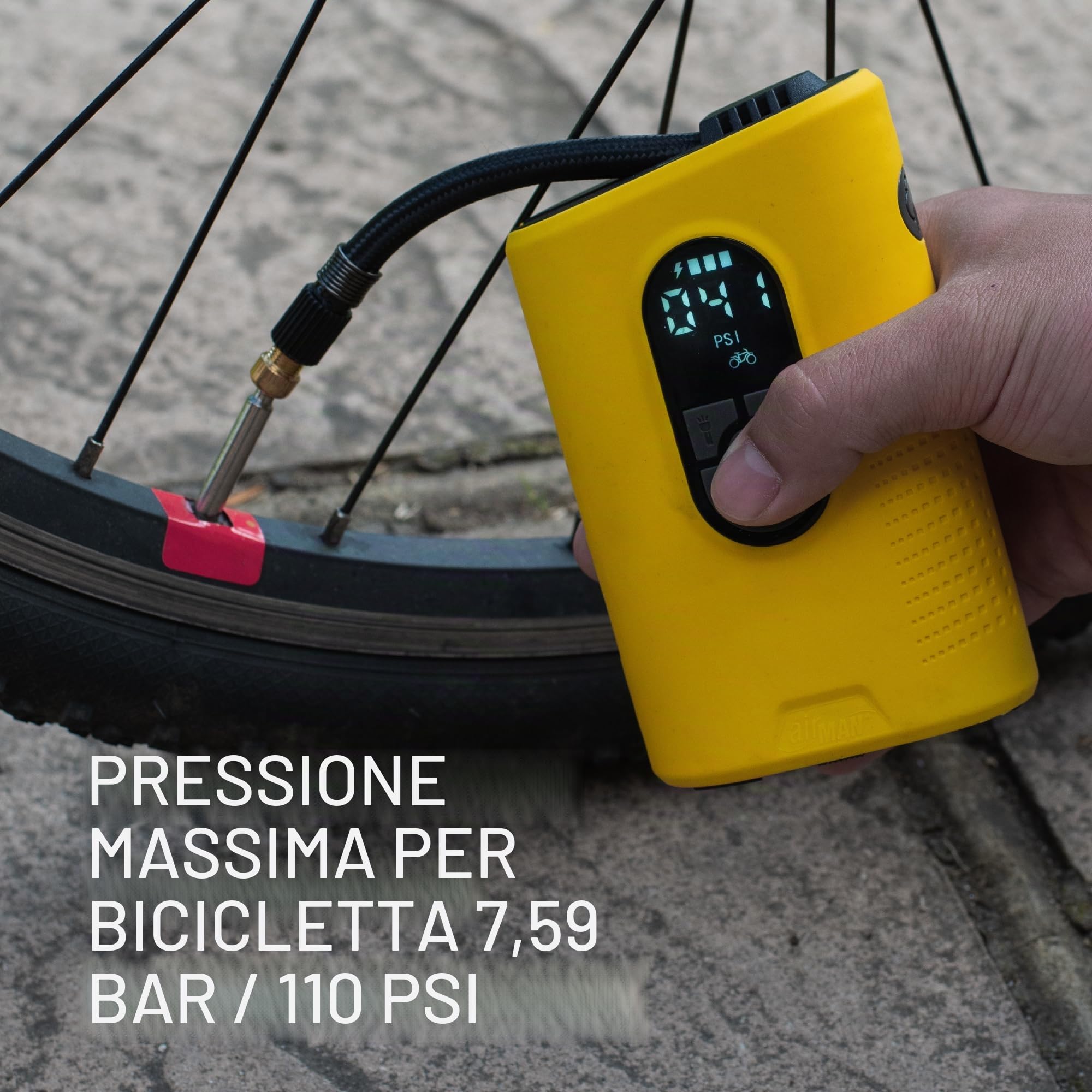 AirMan Gonfiatore per pneumatici alimentato a batteria, 2200 mAh, senza fili, con luce LED, max 110 psi, per pneumatici da bicicletta e palloni sportivi