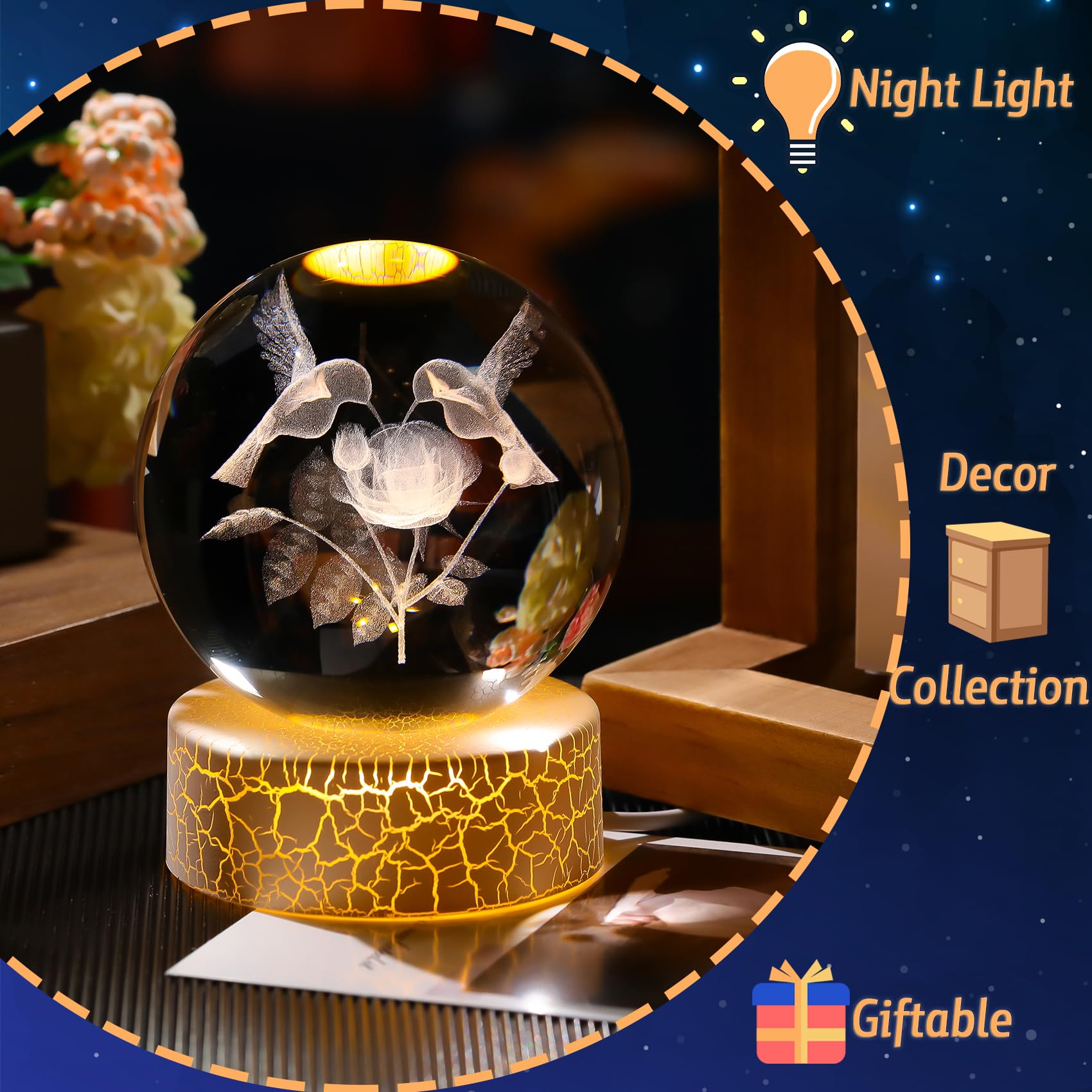 Arikyrist 8cm K9 Crystal Ball Engraved 3D Hummingbirds and Rose Figurine Gifts for Women 3.15" Glass Bird Rose Decor Ball with LED Light Stand Home Office Paperweight Ornament - Image 4