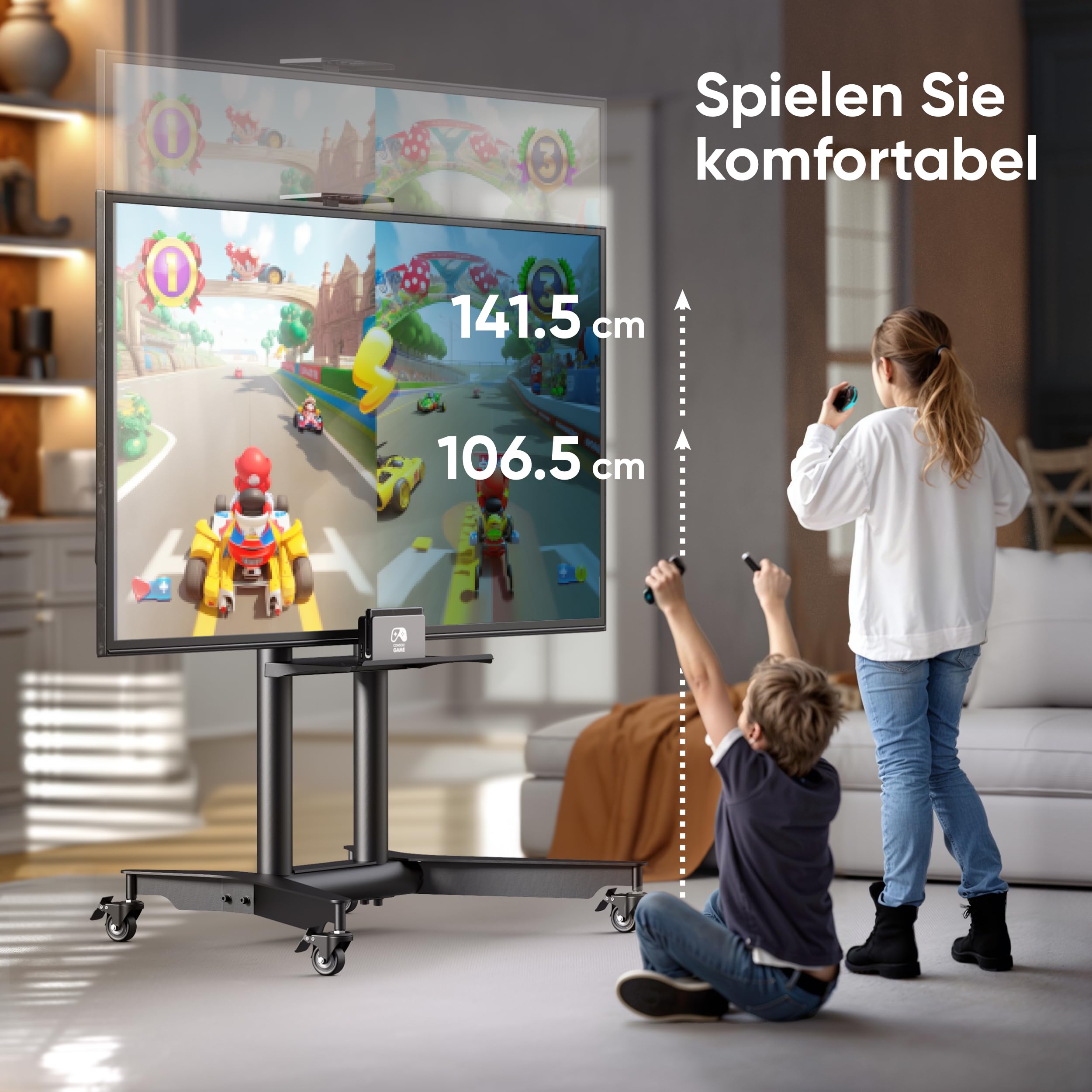 ONKRON TV Ständer rollbar für 32-75 Zoll Fernseher, max Last 60 kg, professioneller TV Standfuss höhenverstellbar mit Ablage, max VESA 600x400, Wagen Fernsehständer mit Rollen Schwarz TS1571-B