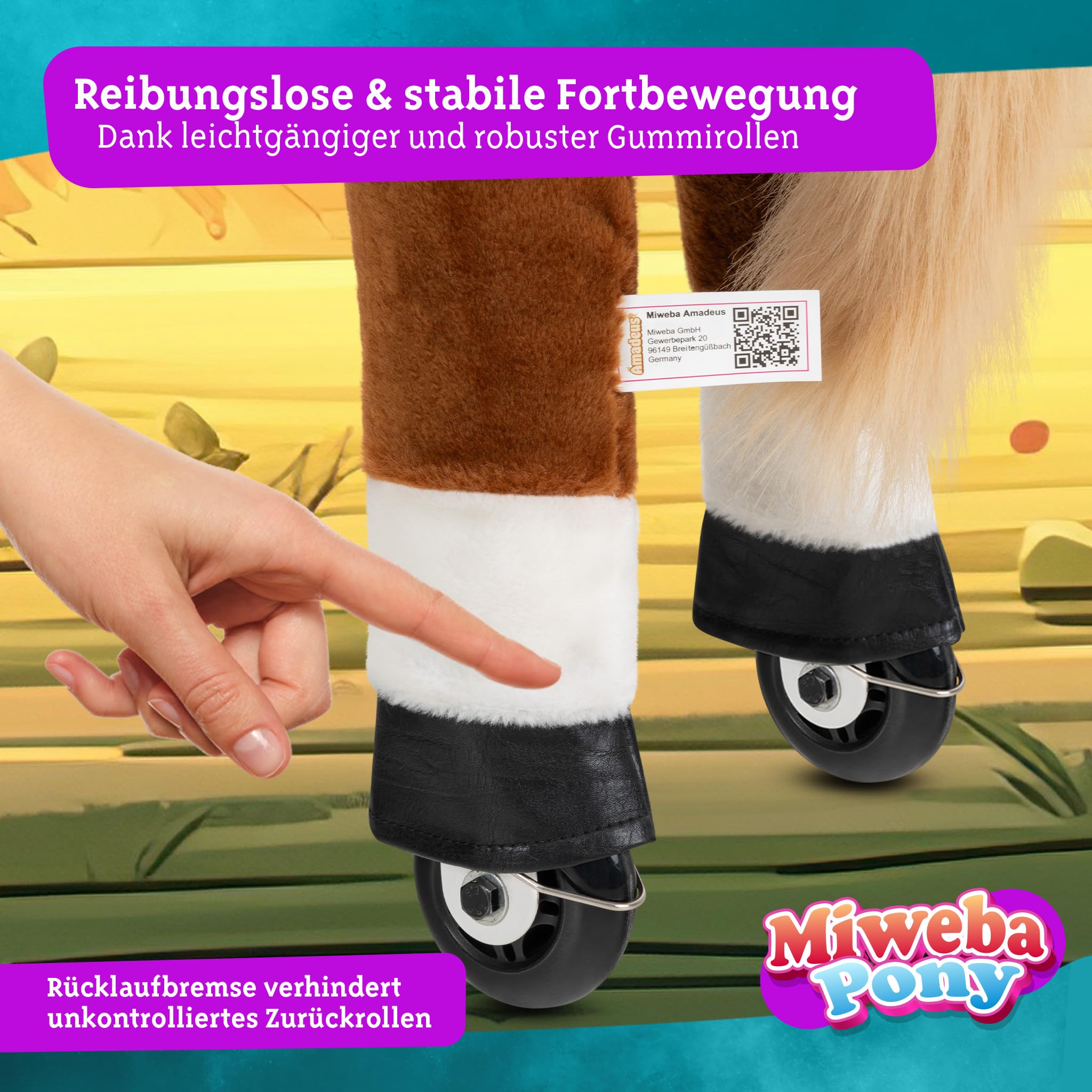 Miweba Pony Amadeus | Reitpferd auf Rollen - Pferd für Kinder - Schaukelpferd - Schaukeltier - Kuscheltier - Spielpferd zum Reiten - Plüschtier - Stofftier - Stehpferd - 3-5 Jahre (Small)