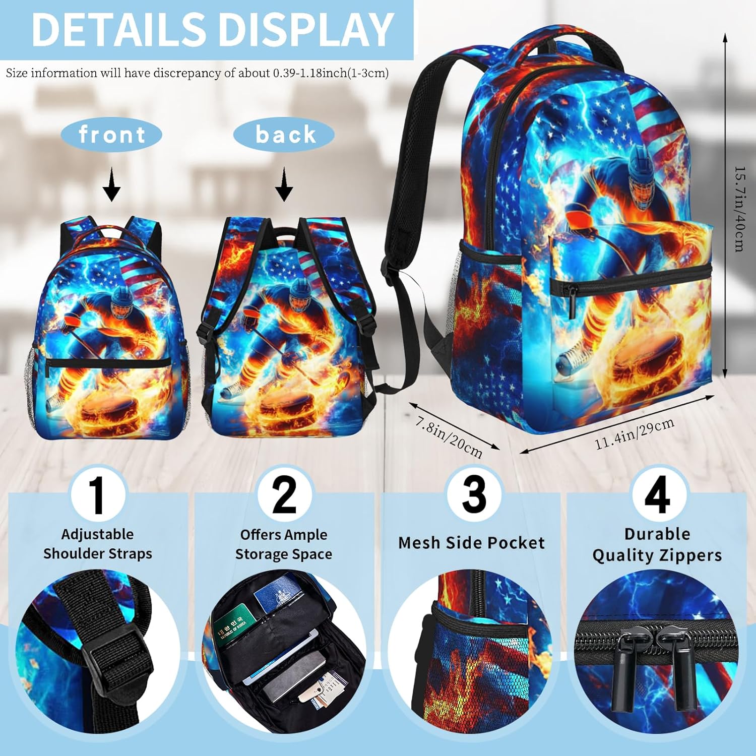 Ice Hockey School Backpack for Kids Boys American Flag Sports Ball Backpack for Boys Children Teens Elementary Middle School Students Bookbag