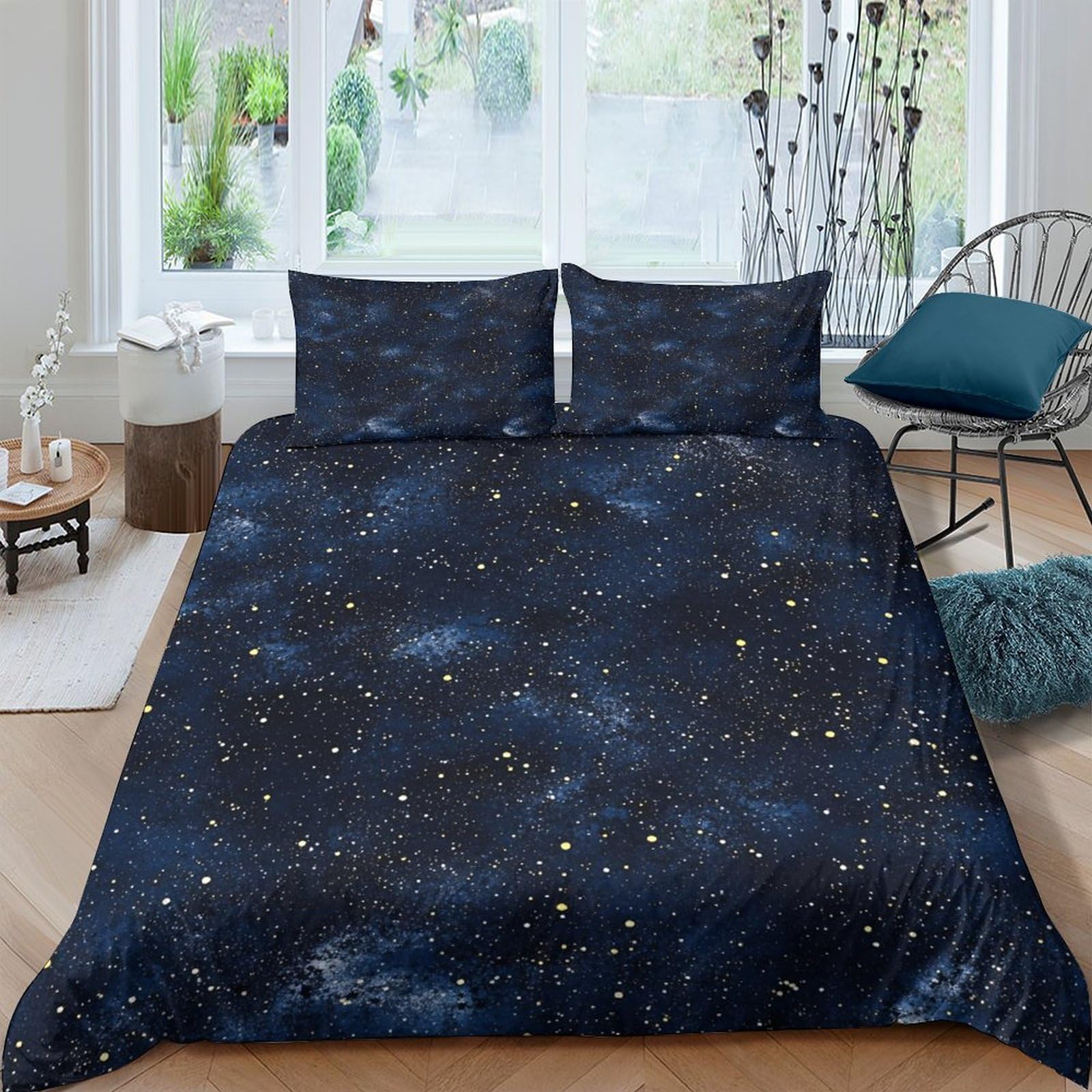 TUFRTGYHN 3D Printed Galaxy Starry Sky Duvet Cover Microfiber Navy Blue Bedding Set with 2 Pillowcases for Bedroom Decor Single（135x200cm）