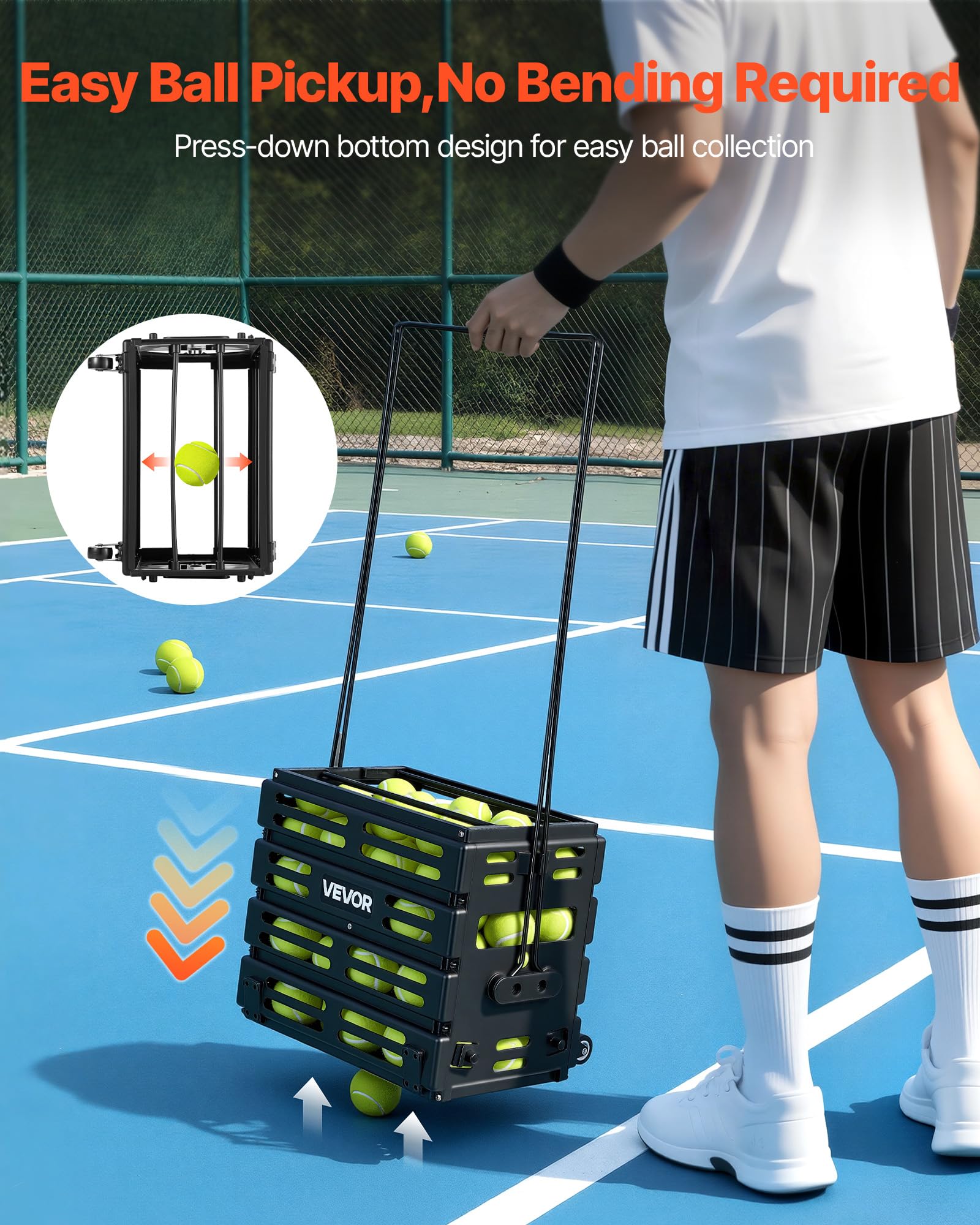 VEVOR Panier à Balles de Tennis, Capacité de 80 Balles, Panier Ramasse-Balles Portable avec roulettes, Chariot de Rangement pour Entraînement et Transport de Tennis et Pickleball, Poignée Convertible