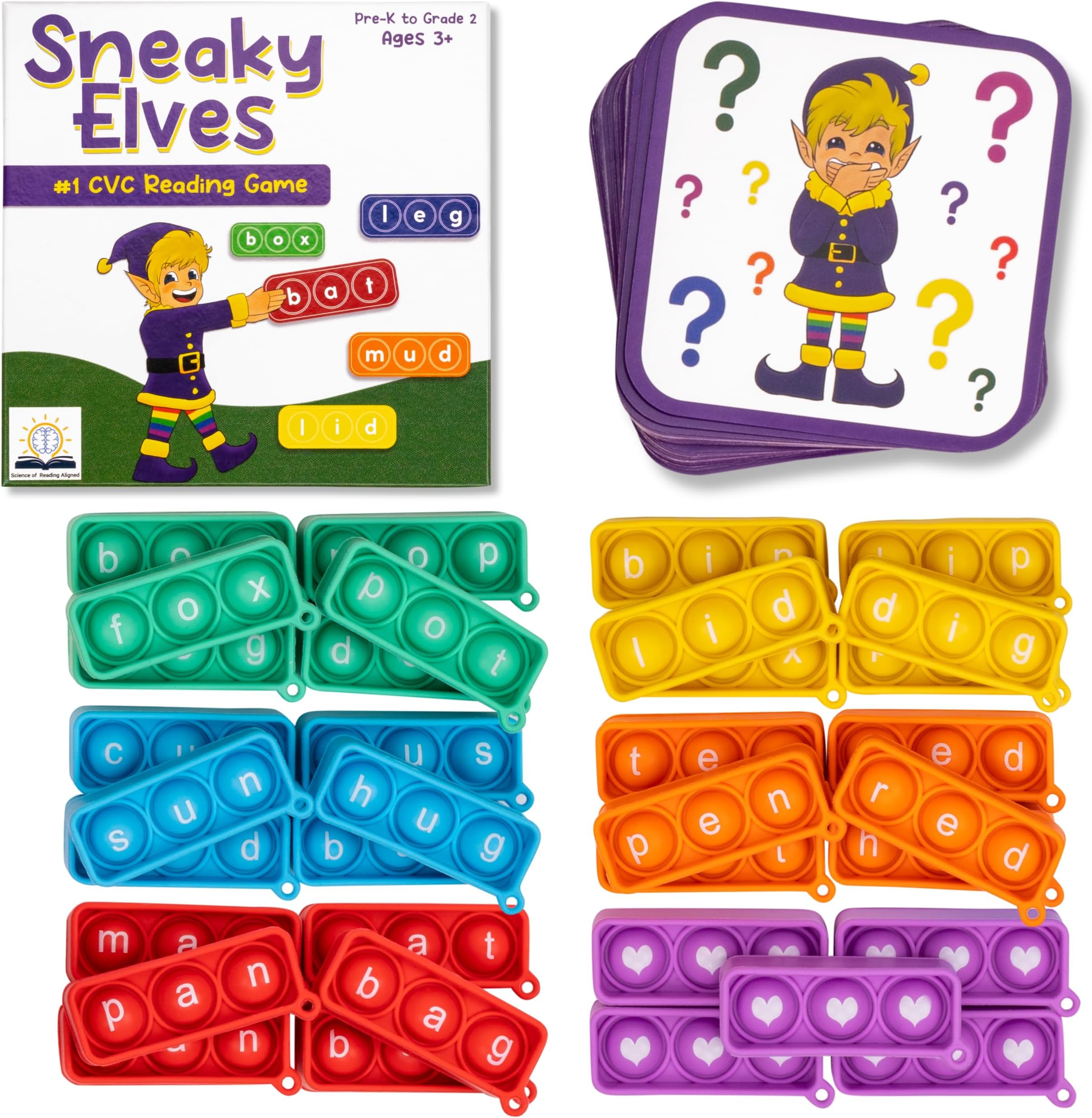 The Fidget Game Sneaky Elves, CVC Sight Words Game, Pop Sensory Toy to Learn and Spell, Educational Kindergarten Classroom Activities, Multisensory Reading and Phonics Flash Cards for Kids