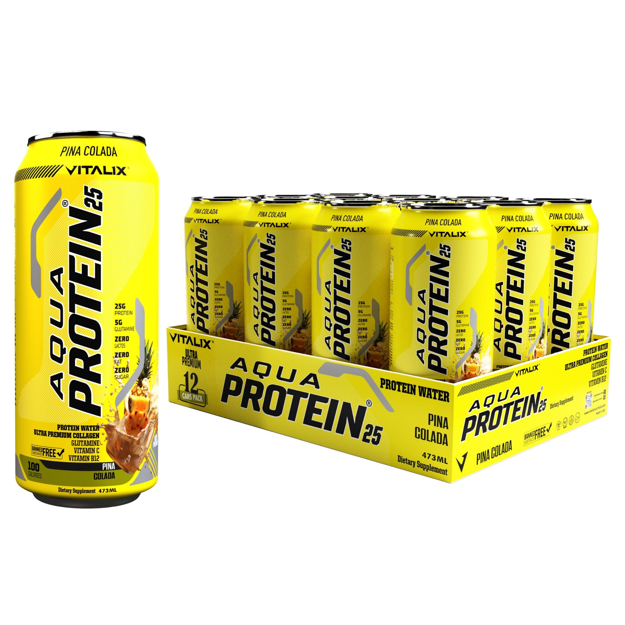 Aqua Protein 25 Pina Colada - Protein Water with 25g Protein - Collagen, Glutamine, Vitamins B,Lactose Free, Sugar Free, Zero Fat, 473ml Pack of 12