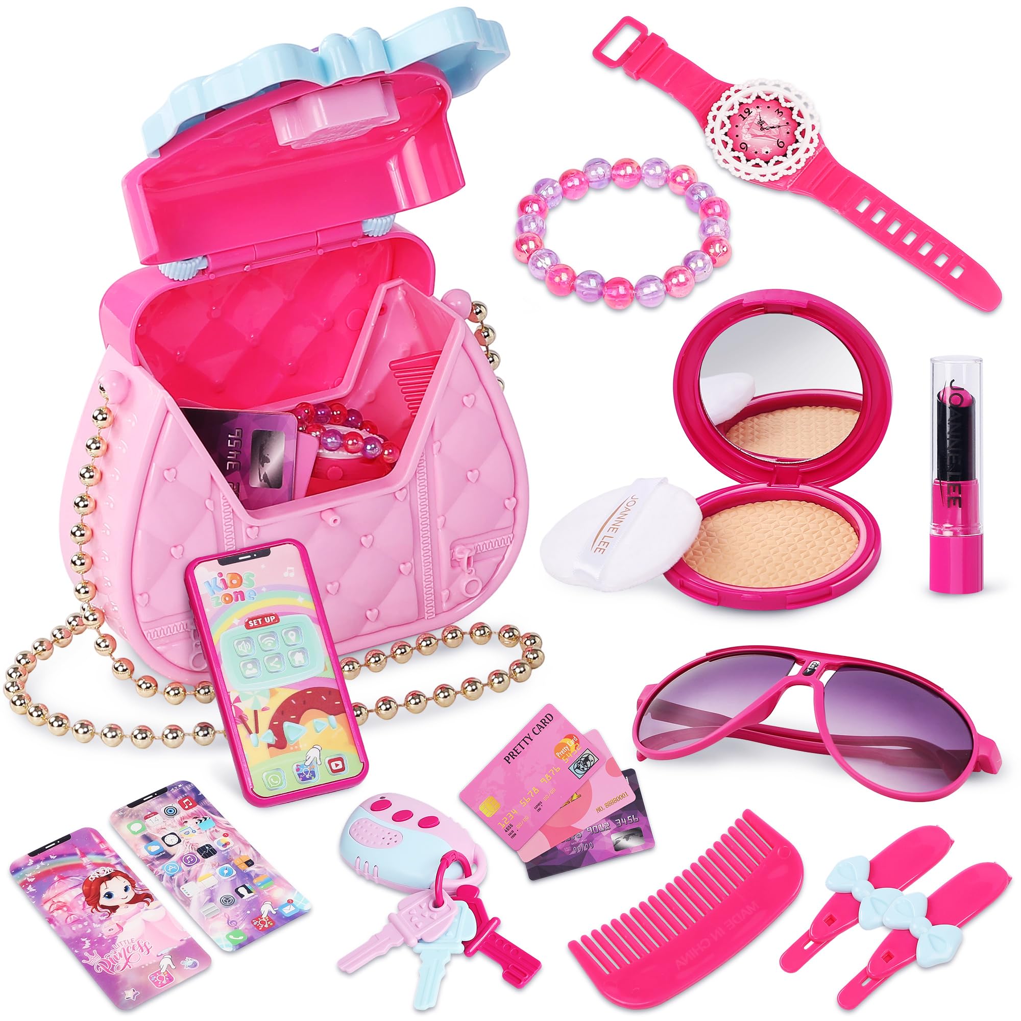 Girls Handbag Toy Set for Kids, Pretend Play Purse with Toy Phone, Car Keys, Credit Cards, Sunglasses, Role Play Fashion Accessories Gift for Girls Age 3-12