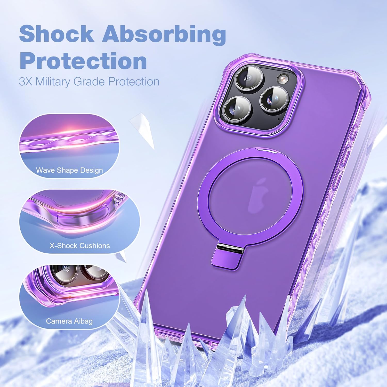 for iPhone 15 Pro Case with Magnetic Stand [Compatible with Mag-Safe] [Military Drop Tested] Translucent Matte 15 Pro Cover with Good Grip Curly Wave Edge for Women 6.1'', Purple