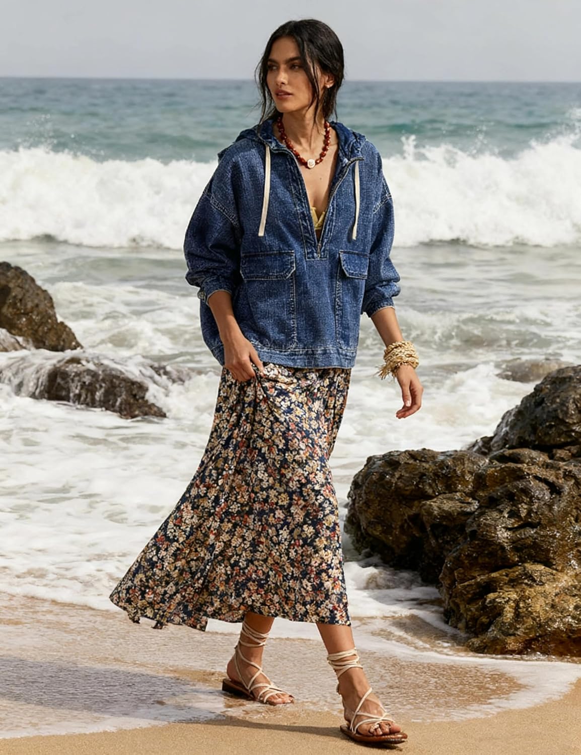 Omoone Women's Denim Pullover Jacket Oversized Half Zip Hoodie Jean Top Sweatshirt with Pockets - Image 5