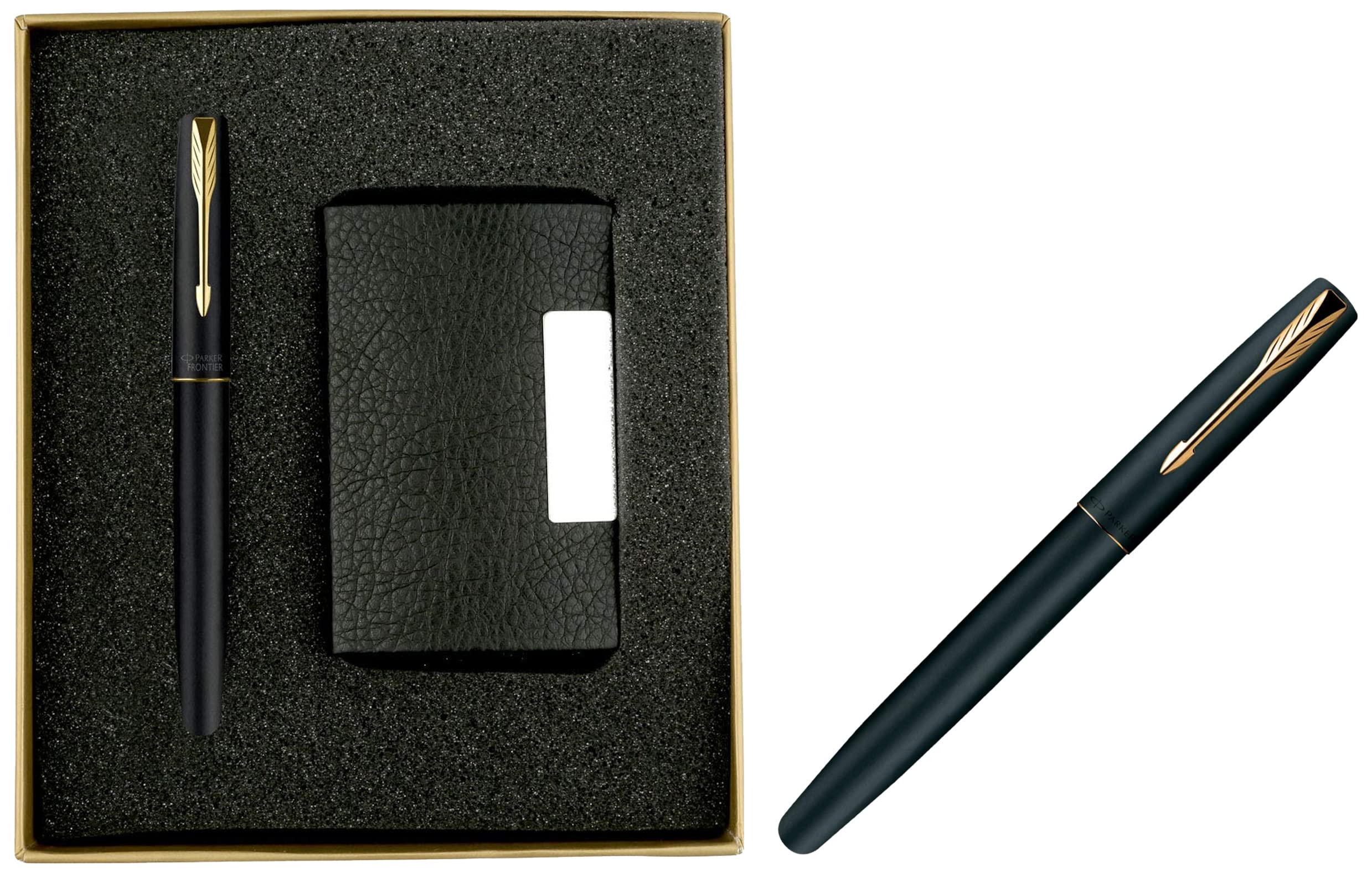 Parker Frontier Matte GT Roller Ball Pen, Golden color, 1 Count (Pack of 1)& Gold Trim Roller Ball Pen with Free Card Holder 2 Piece Set