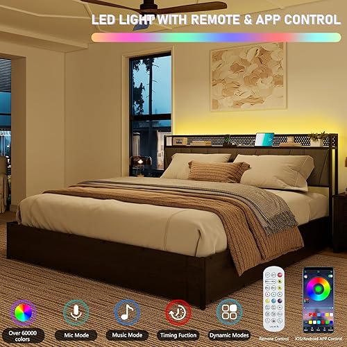 Miniatura 47 de Base de cama de almacenamiento elevable de tamaño matrimonial con luces LED, cabecera tapizada de lino con estación de carga, marco de cama de