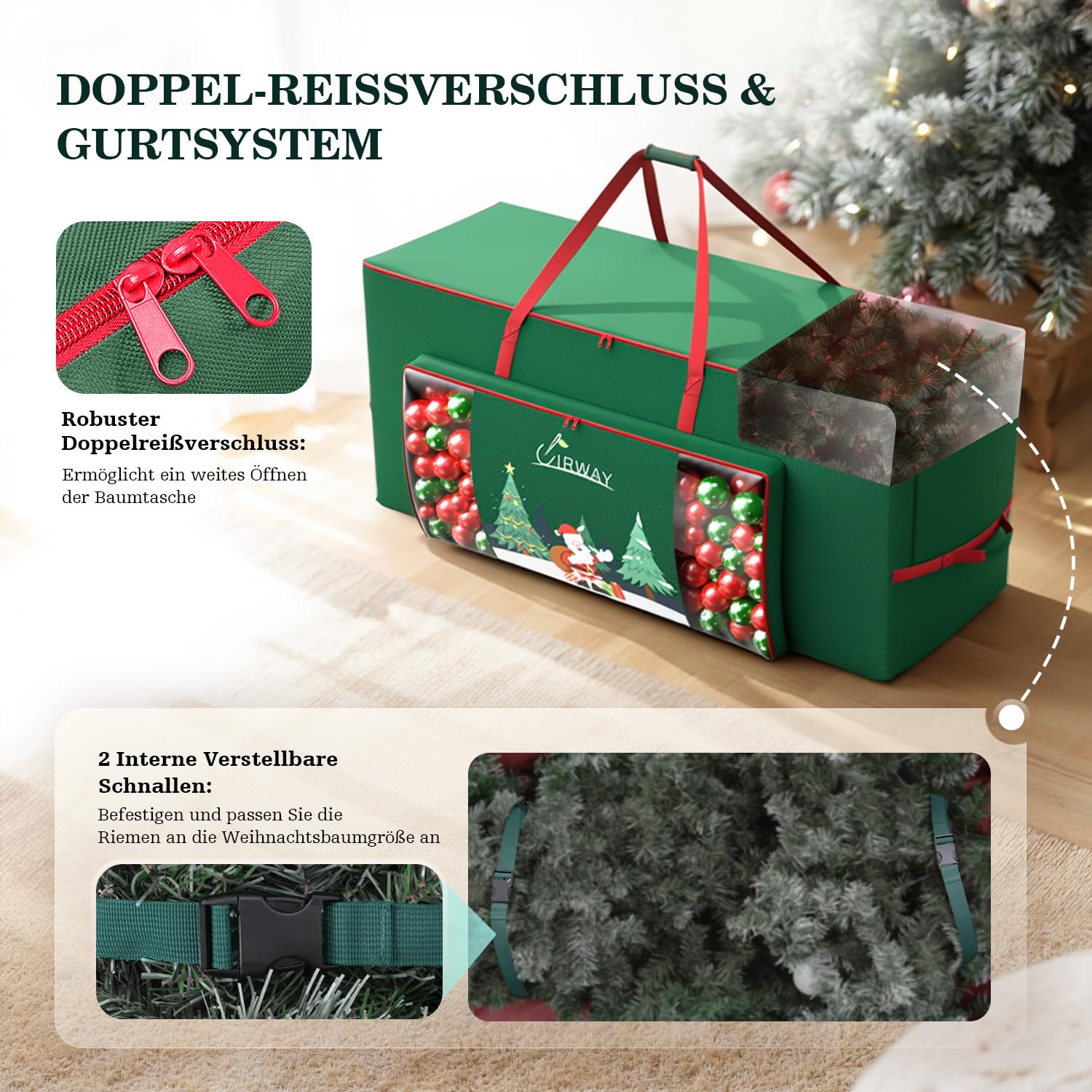 UIRWAY Weihnachtsbaum Aufbewahrung für 230cm Weihnachtsbaum, 600D Oxford Tannenbaum Tasche mit Transparente Fronttasche und Seitentasche, Stabilen Griffen und Doppeltem Reißverschluss (Grün)