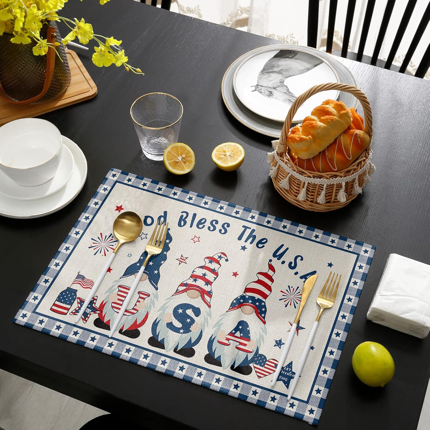 Placemats for Dining Table Set of 4 4th of July Gnomes Independence Day Patriotic Theme Table Mats for Home Kitchen Restaurant Christmas Party Decoration,Washable
