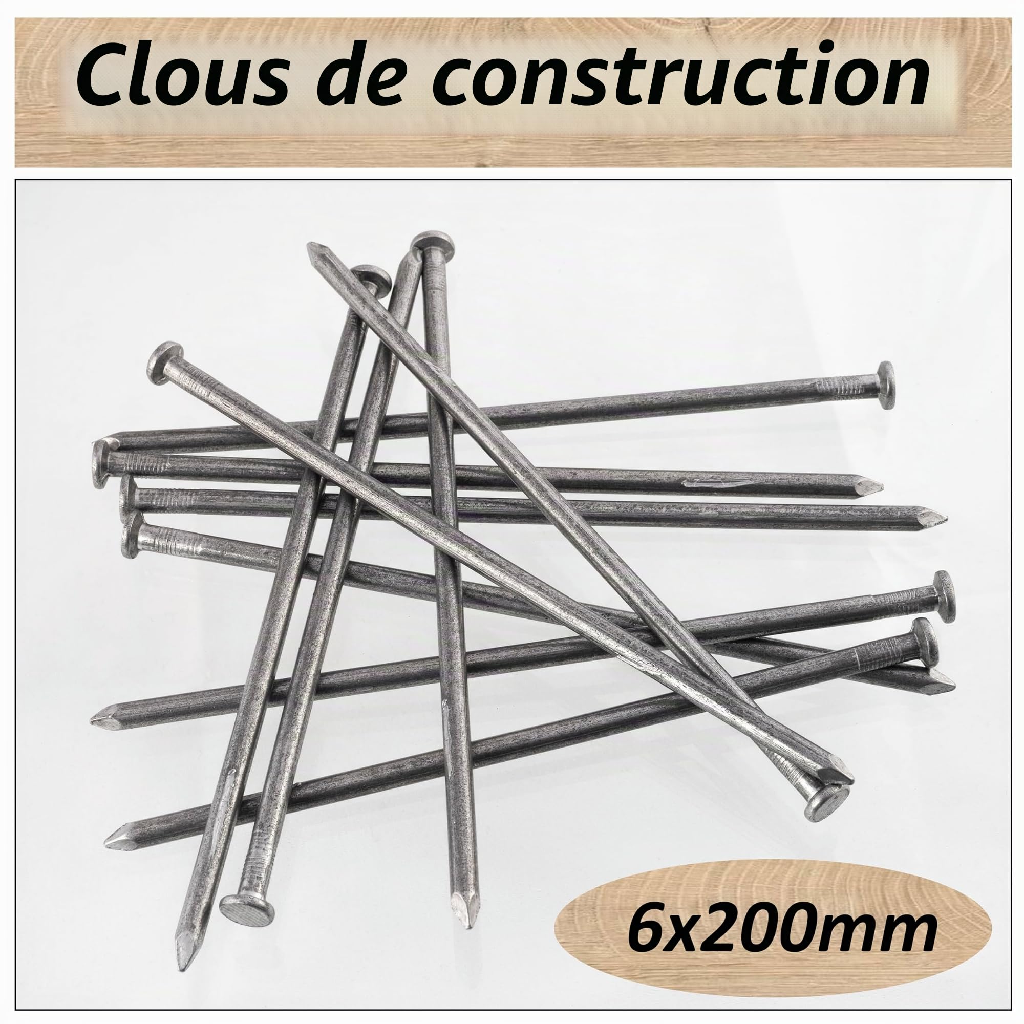 AERZETIX - C70867 - Lot de 50 Clous à tête plate Ø6x200 mm - diamètre de la tête Ø12 mm - en acier - couleur argent - rembourrage bardage menuiserie