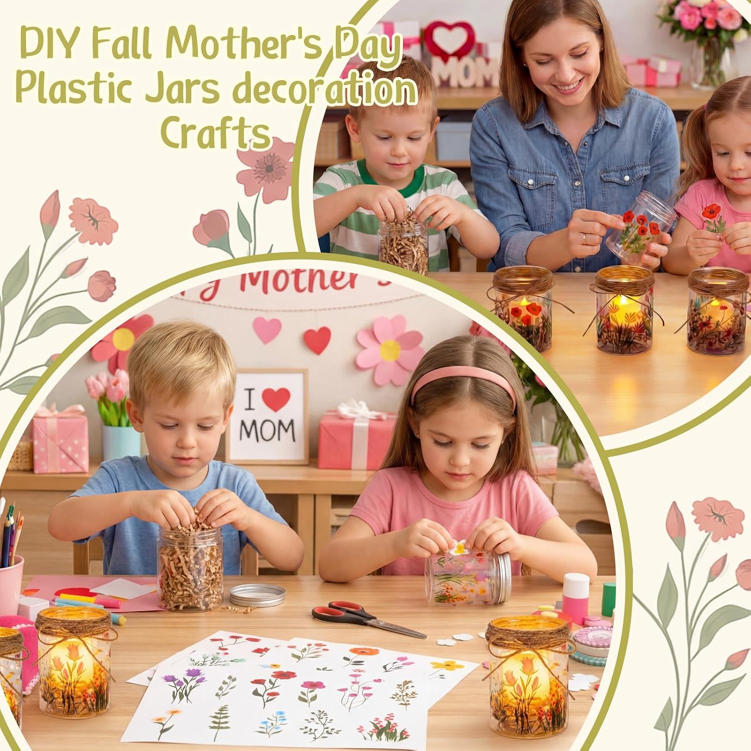 24 Sets Mother's Day Craft Kits DIY Plastic Mason Jars Gifts Bulk Make You Own Flower Craft Floral Stickers Twine Paper Shreds Thankful Gift for Mom Classroom Activities Table Centerpieces