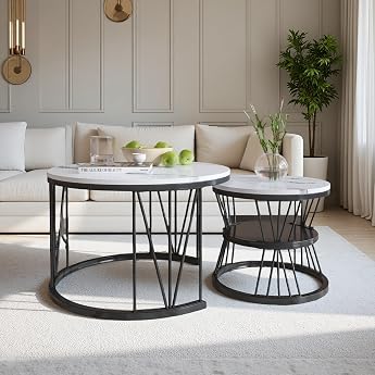 BRILVERDE Round Coffee Table Set of 2 Living Room Tables with Storage Space Marble Look and Metal Frame Side Table for Living Room Balcony Black-4