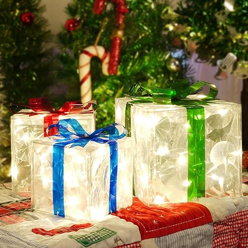 Juego de 3 cajas de regalo iluminadas de Navidad enchufables con 60 luces LED de PVC, adorno para decoraciones de Navidad, interiores y exteriores,