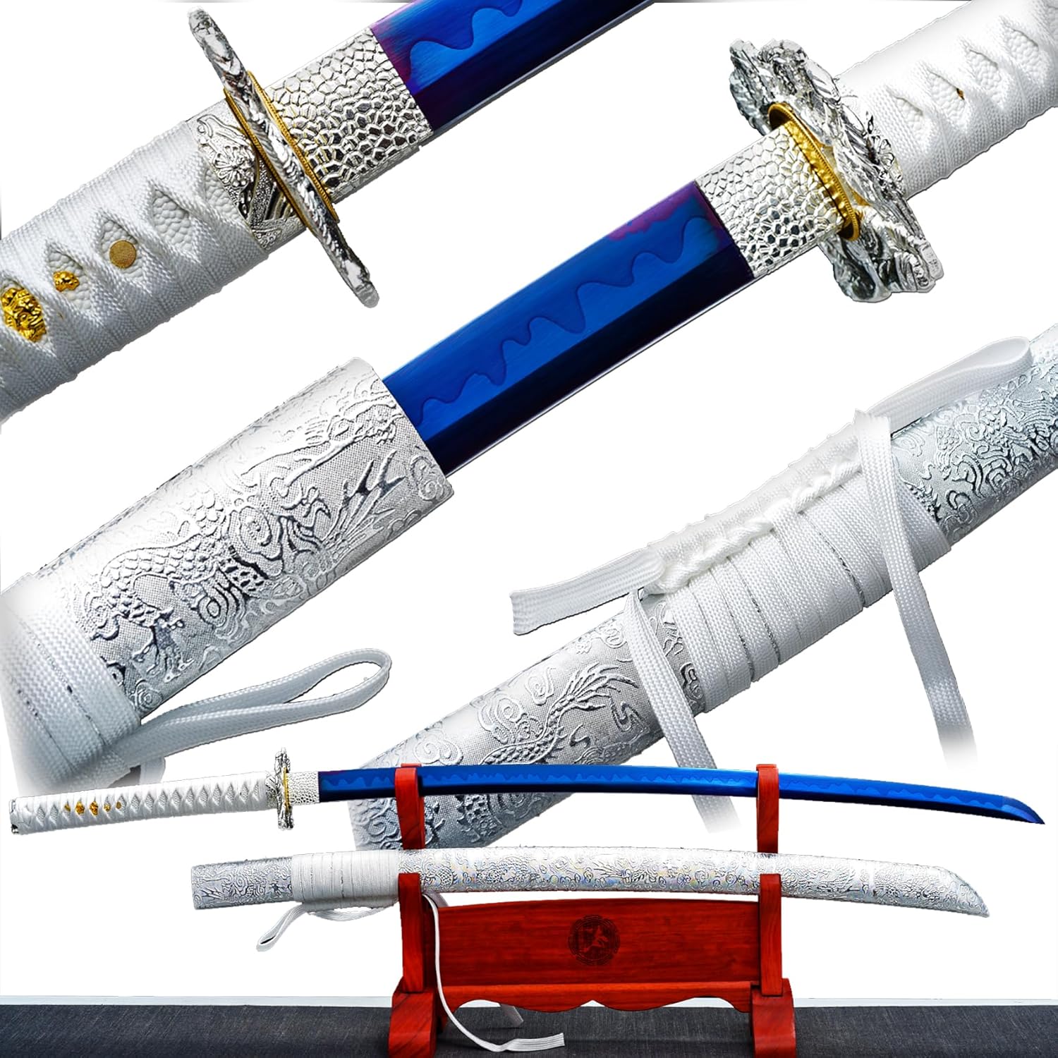 41 Inch 1095 Carbon Steel Blue Blade Sharp Japanese Samurai Katana Sword Dragon Pattern Scababrd