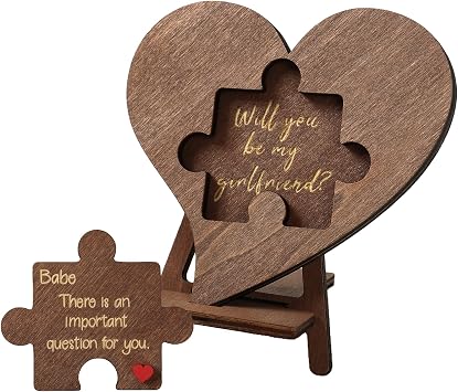 Will You Be My Girlfriend - Quieres Ser Mi Novia, Be My Girlfriend Proposal Card Ideas, Engraved Wood Heart Puzzle Piece Sign, Romantic Gift for Valentines Day English