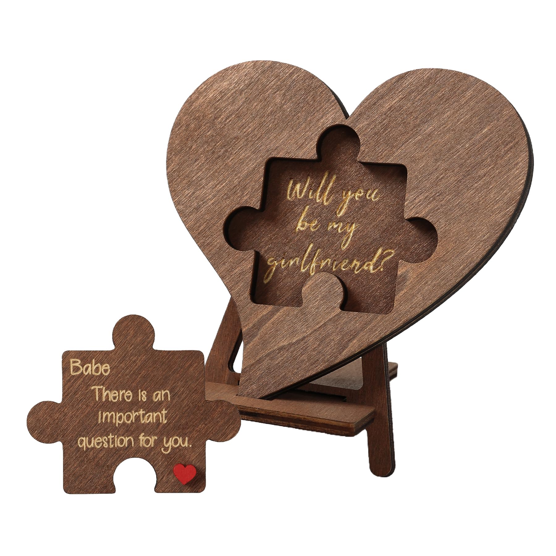 Will You Be My Girlfriend - Quieres Ser Mi Novia, Be My Girlfriend Proposal Card Ideas, Engraved Wood Heart Puzzle Piece Sign, Romantic Gift for Valentine's Day (English)