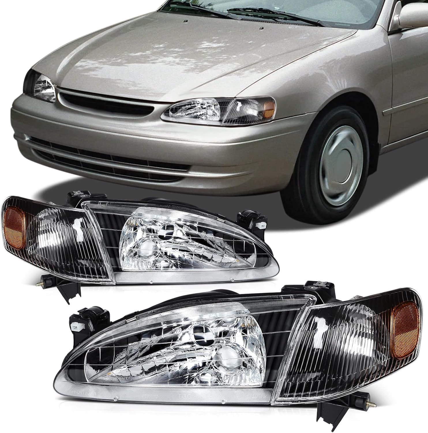 SCITOO Headlight Assembly Fit for Toyota Corolla 1998-2000 Black Housing Amber Reflector Pair Headlights 8111002060