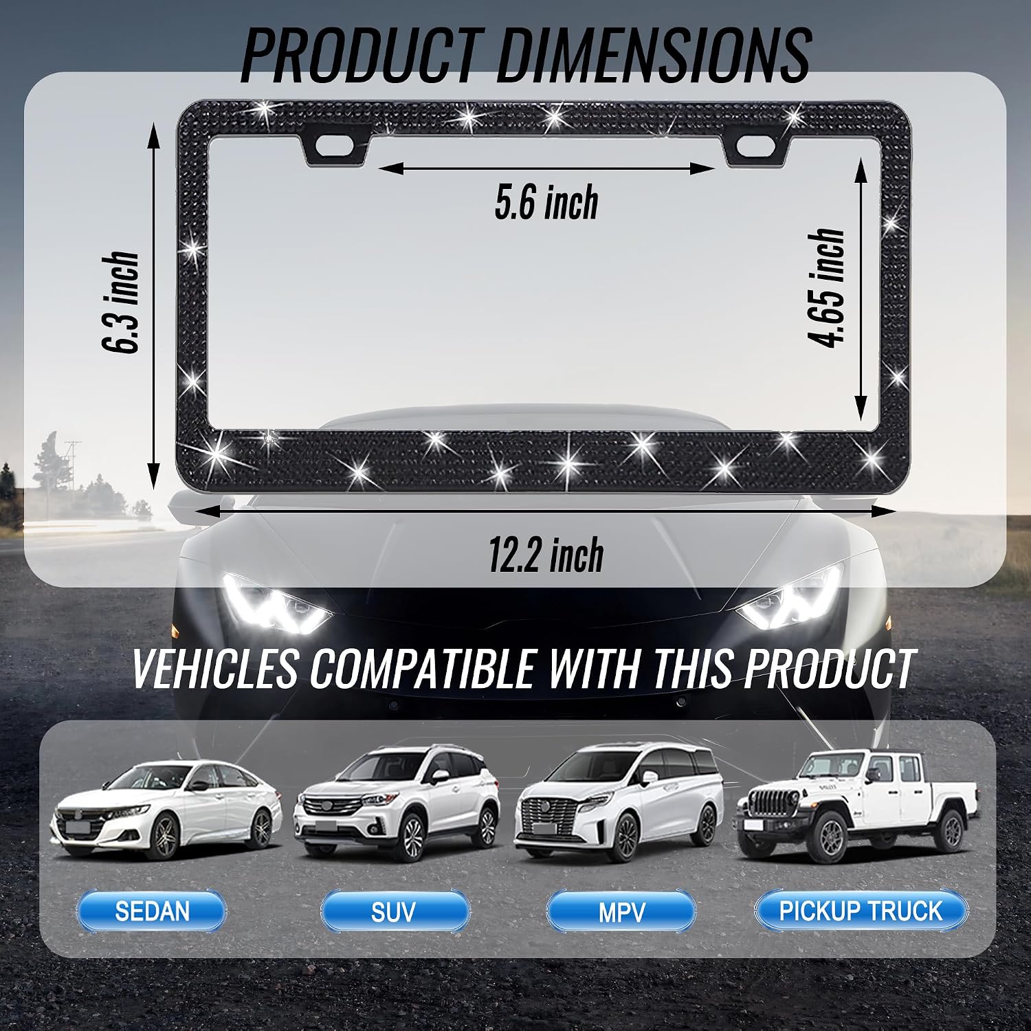 2 Packs Black Bling License Plate Frames for Men and Women image 3