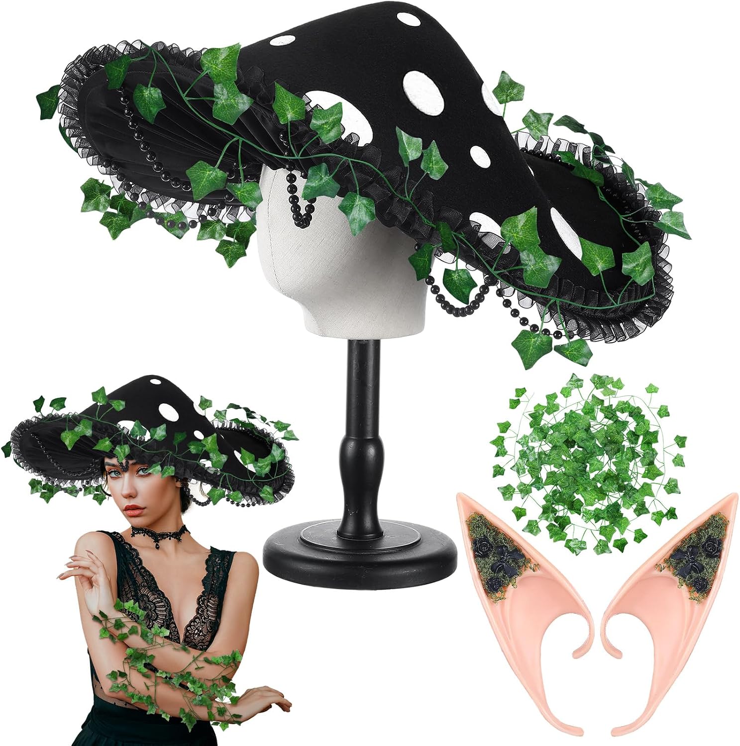 Riyiper 3 Pcs Mushroom Hat Accessories Set Renaissance Medieval Costume Victorian Fairy Elf Outfit Ears Garland for Women