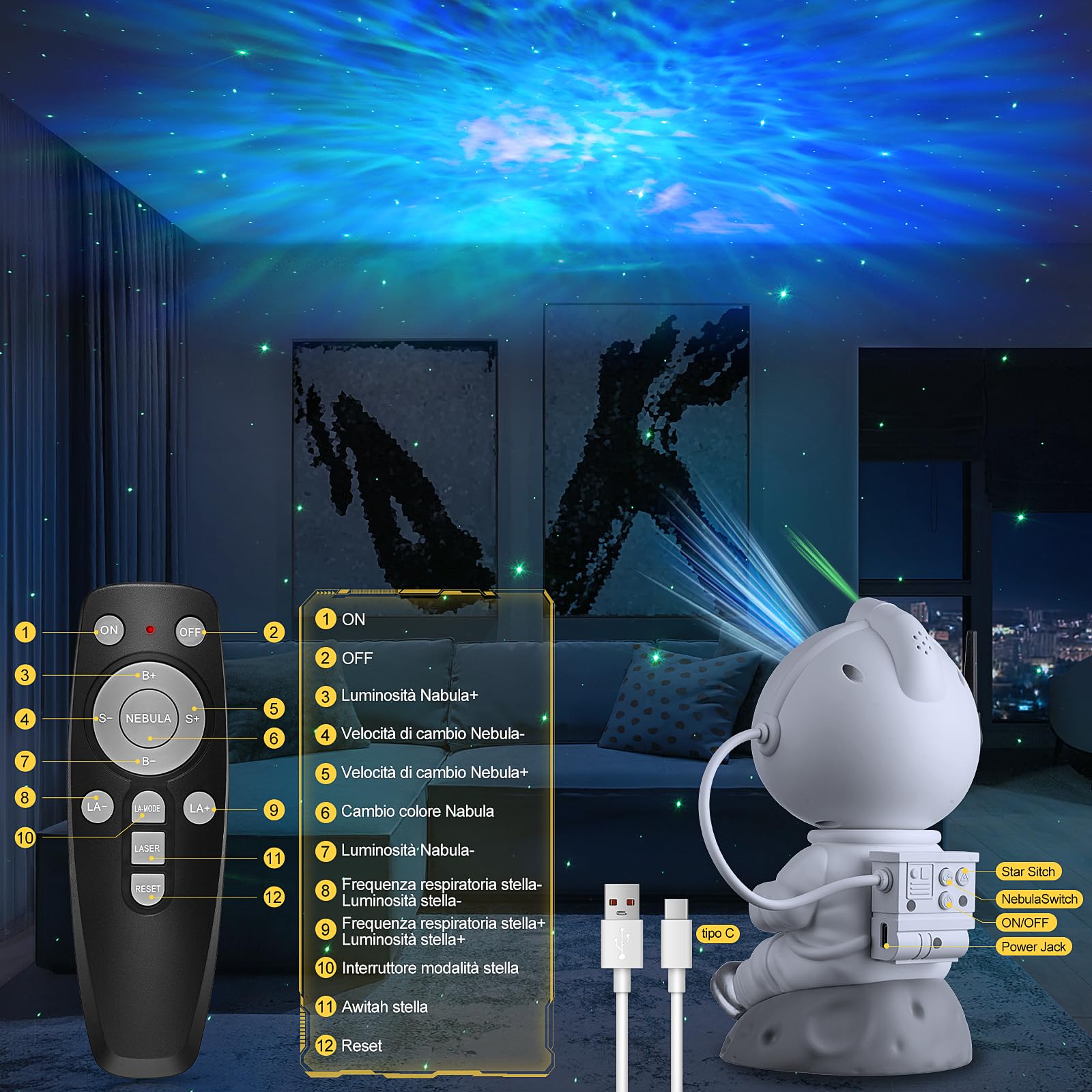 Proiettore Stelle Regolabile 180 Proiettore Stelle Soffitto Con Bluetooth - 33 Effetti Nebulose, Telecomando E Timer Per Camera Decorazione Camera Led