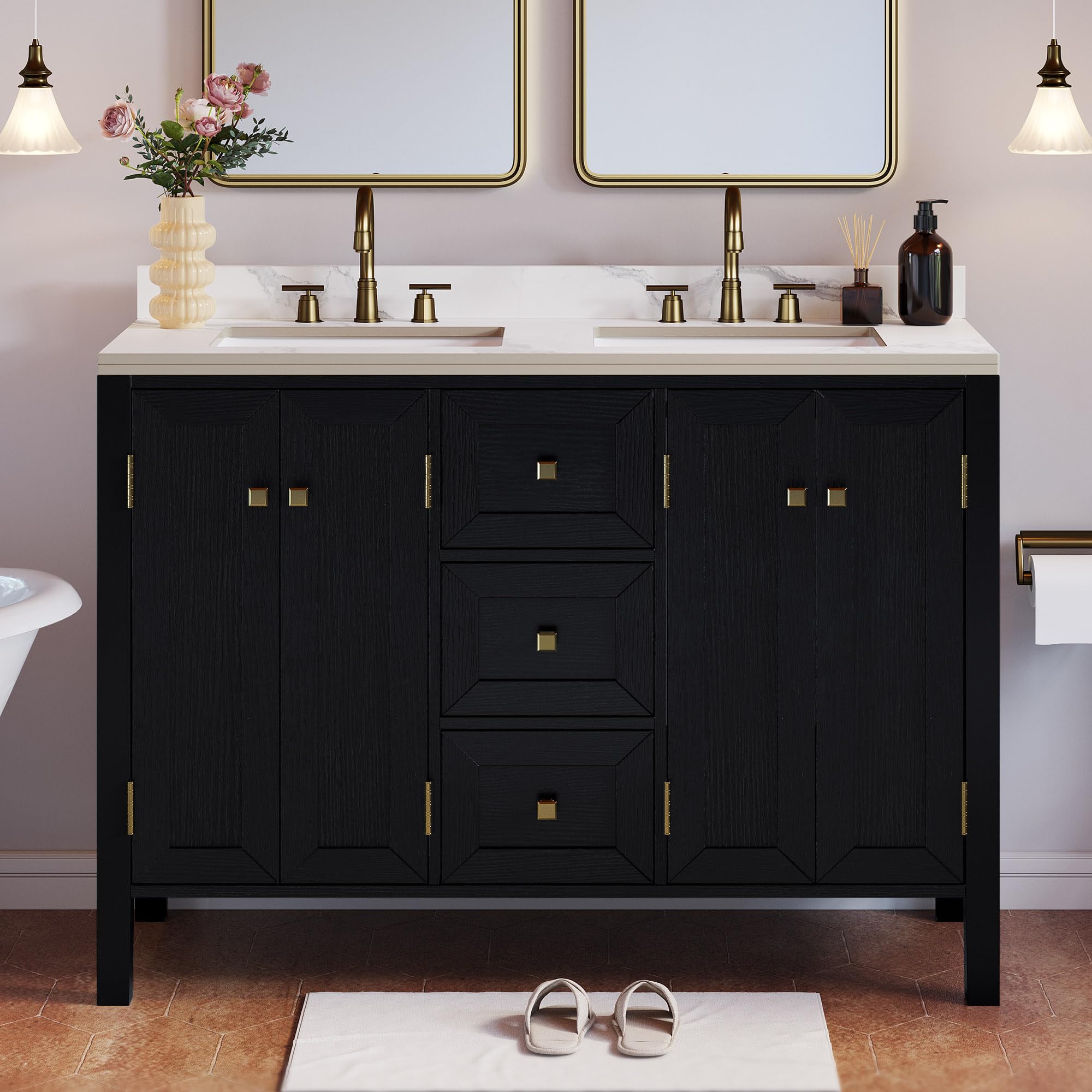 Photo 1 of ***NO VANITY** COUNTER CRACKED***DWVO 47 Inch Bathroom Vanity with Double Sink, Retro Bathroom Storage Cabinet with Sintered Stone Countertop, Six Holes, 4 Doors & 3 Drawers