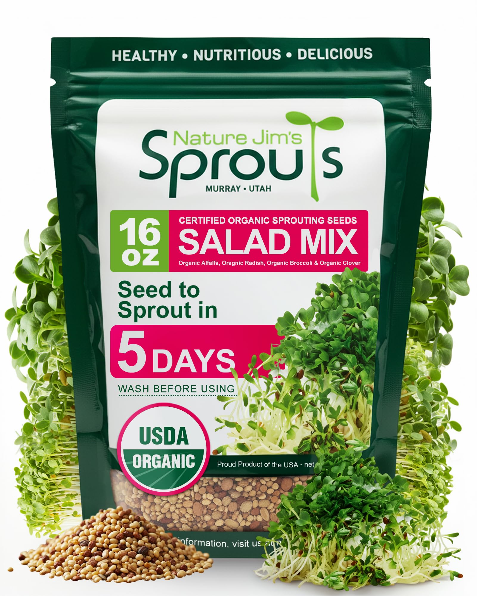 Nature Jims Sprouts Organic Salad Mix – Non-GMO Microgreen Seeds for Growing – Healthy Broccoli, Alfalfa, Radish & Clover Sprouting Variety Blend – Microgreens & Sprouts Seeds for Home Gardening – 1lb