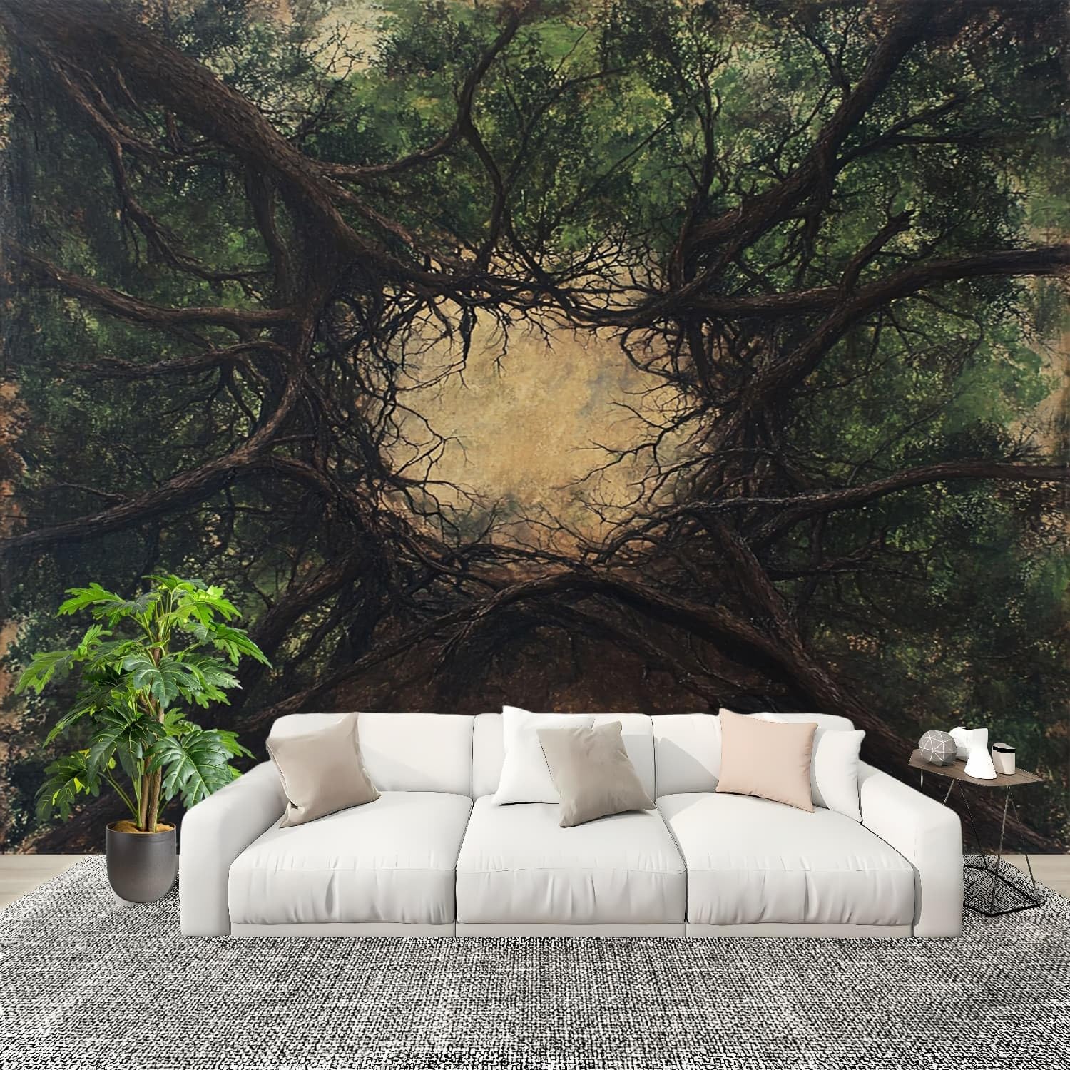 Papier peint intissé panoramique de 250x175 cm avec trompe l'œil de forêt verte pour mur de salon