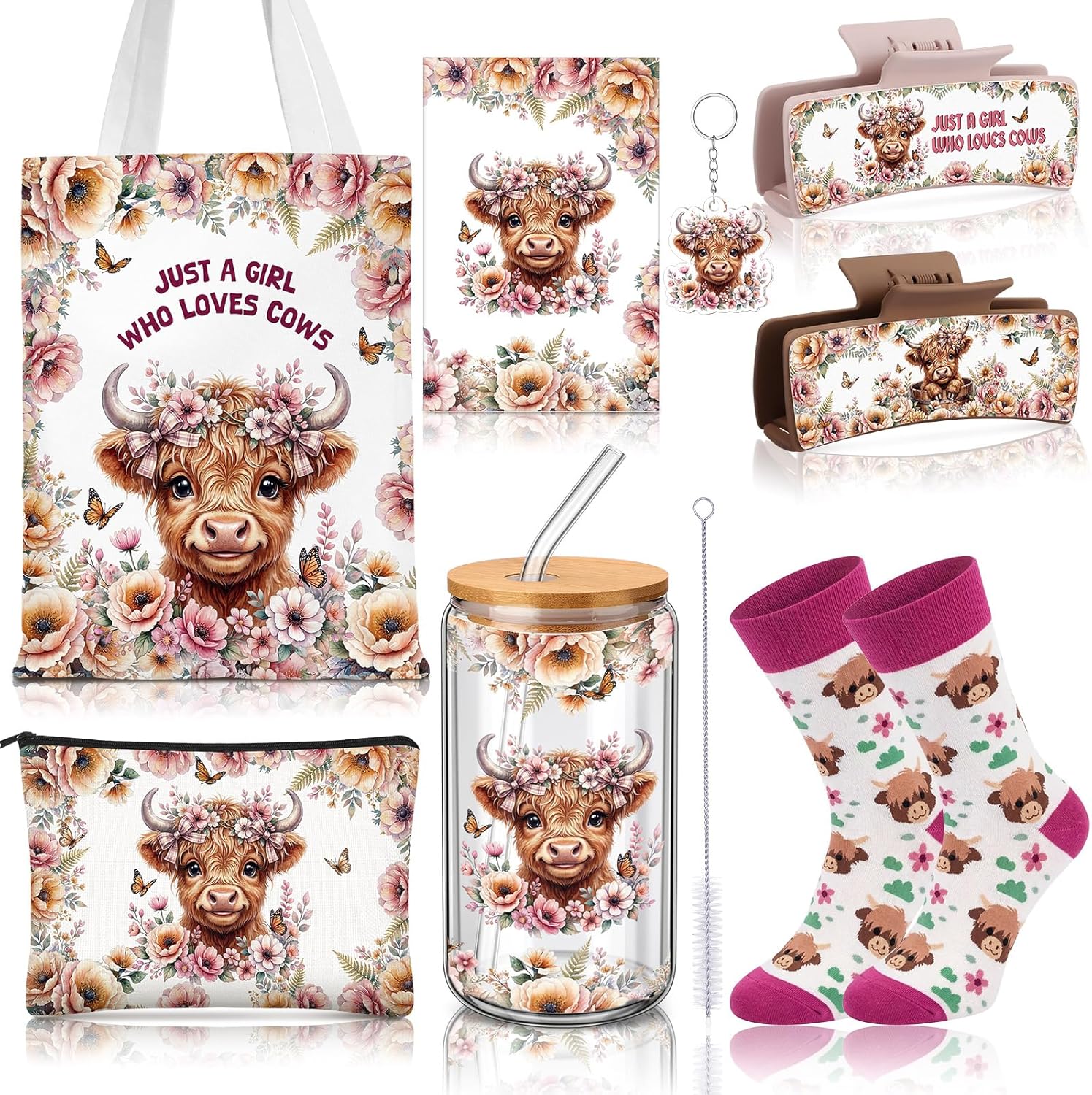 Skylety 8 Pcs Flowers Highland Cows Gifts for Women Include 16 oz Glass Cup with Lid and Straw, Canvas Tote Bag Keychain Hair Claw Clips Socks Card Girl Toiletry Bag Lover for Highland Cows Lover
