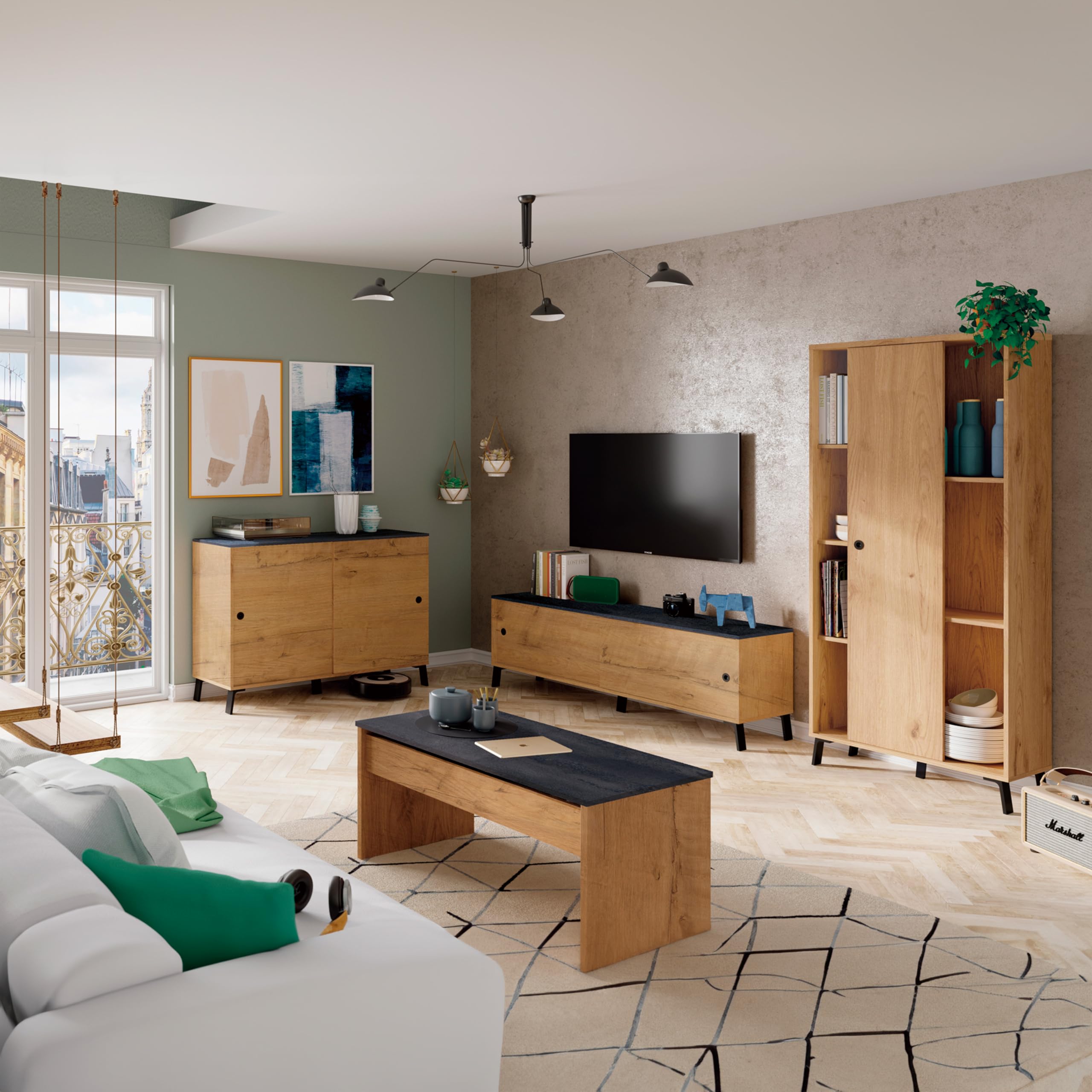 Pack Muebles de Salón Modernos Comedor Kamet en Roble Gold y Mármol (Aparador + Mueble de TV + Mesa de Centro + Estantería)