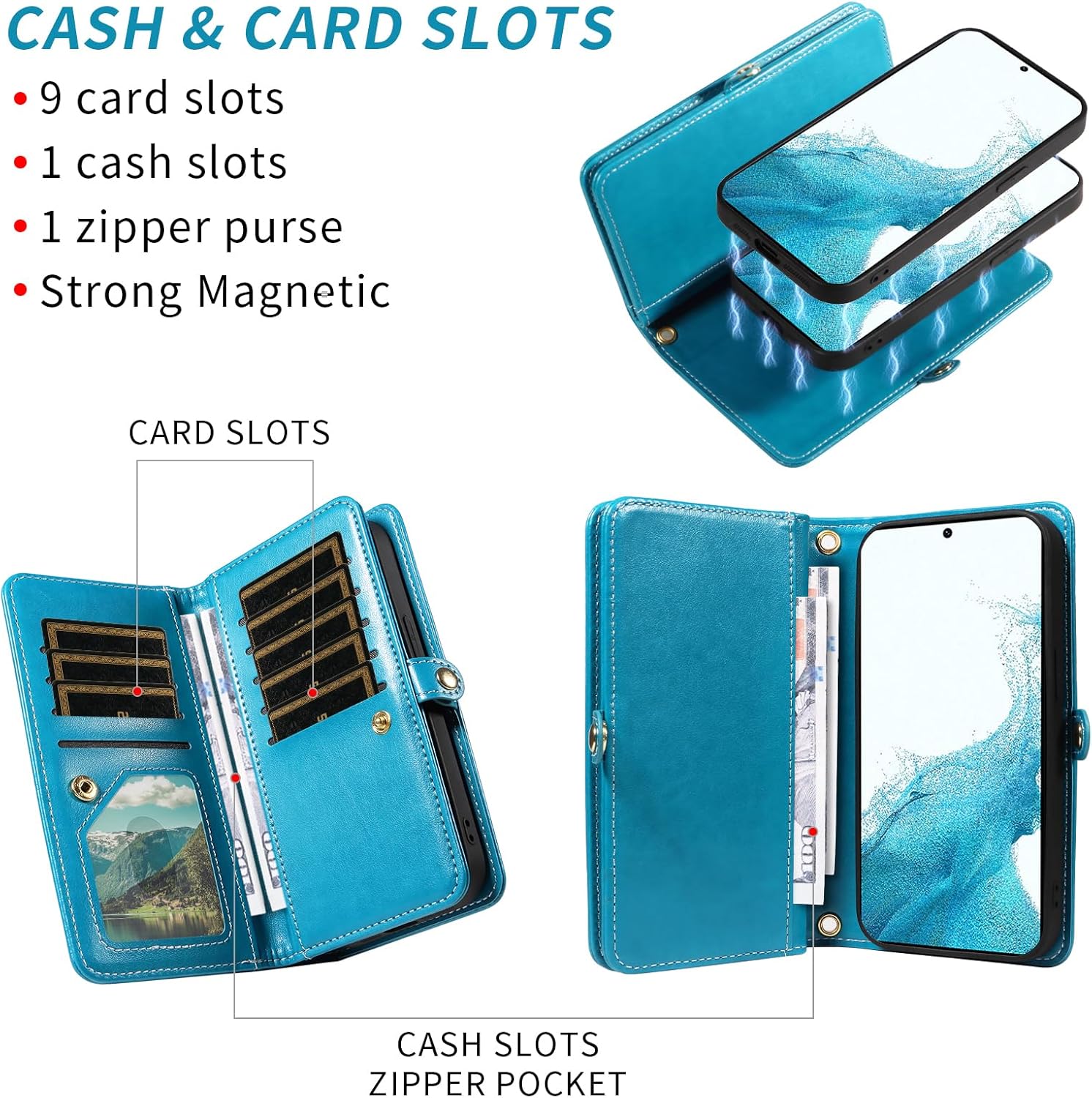 Asuwish Phone Case for Samsung Galaxy S22 5G Zipper Wallet Magnetic Detachable Cell Cover with Tempered Glass Screen Protector Crossbody Strap Flower Card Holder S 22 22S 4G G5 6.1 inch Women Men Blue
