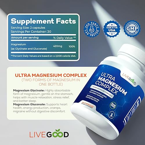 Miniatura 4 de LiveGood Complejo de ultra magnesio, glicinato de magnesio orgánico y gluconato para recuperación muscular, apoyo y alivio nervioso, suplemento de